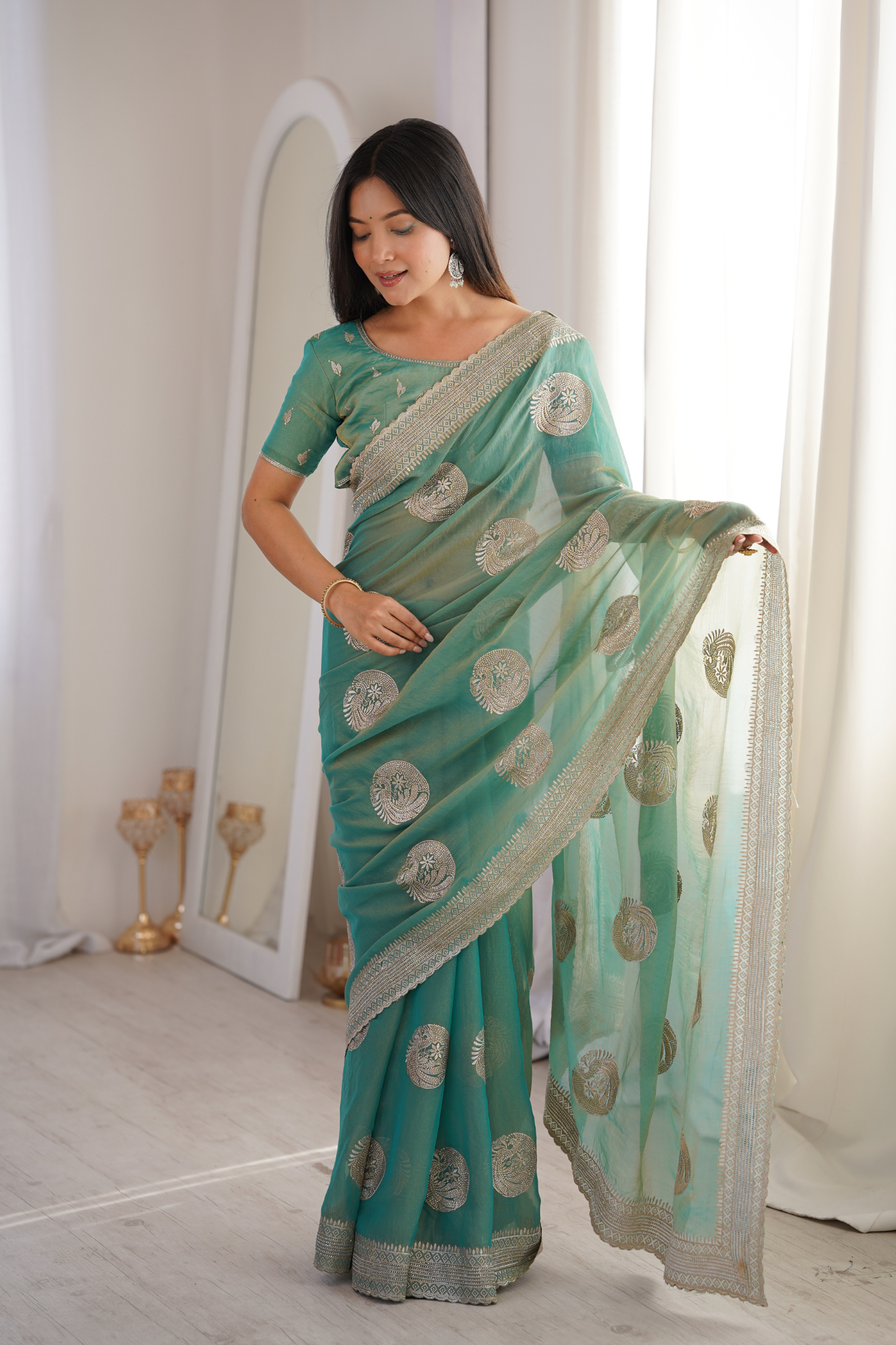 Women Organza Saree with Silver Zari Embroidery Border