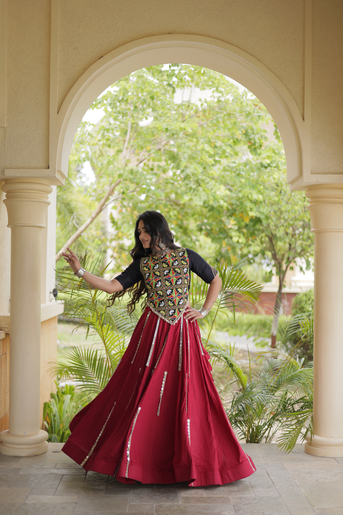 Designer Navratri Chaniya Choli with Embroidered Yoke & Mirror Work