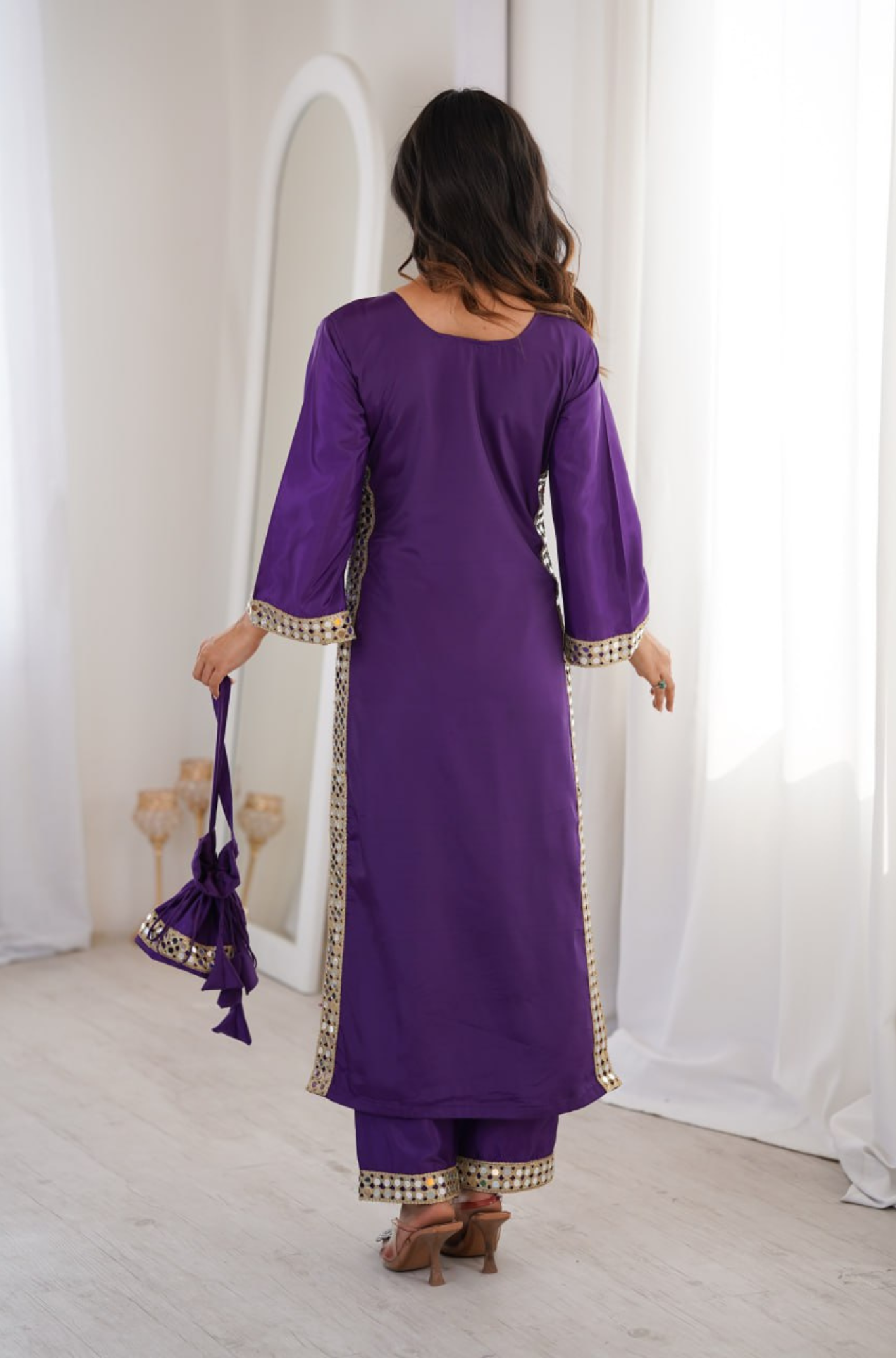 Women's Mirror Work Kurti Pant Set with Batwa Bag