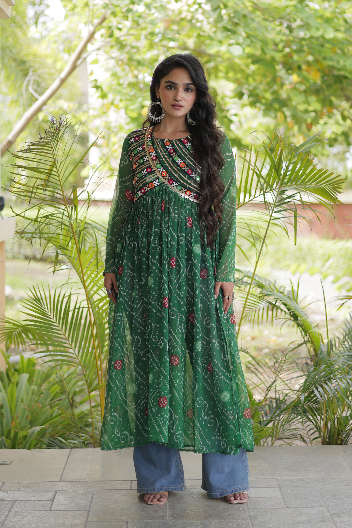 Women’s Long Anarkali Kurti with Ethnic Print & Embroidery