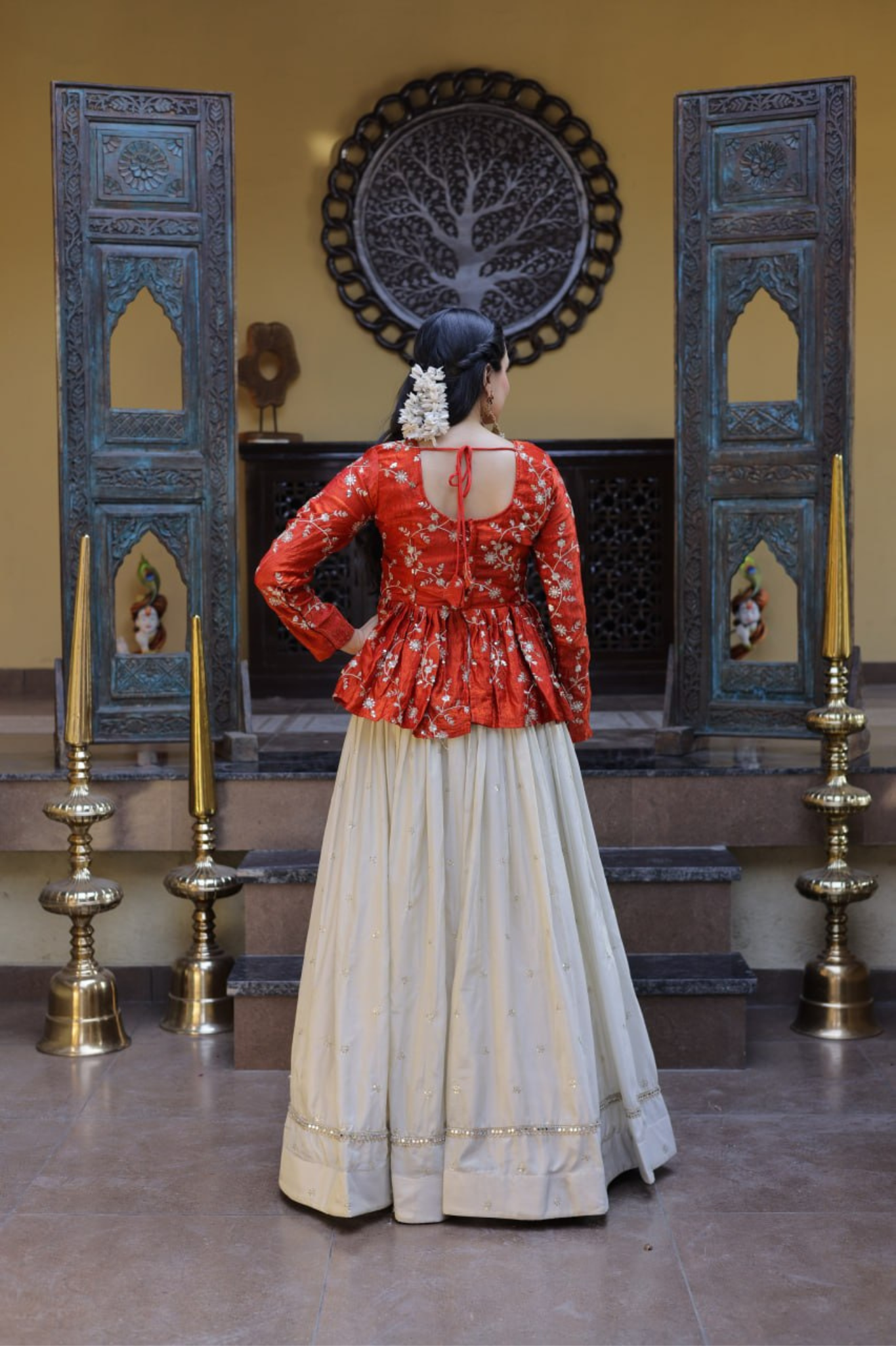 Women's Embroidered Peplum Top with Flared Skirt Set