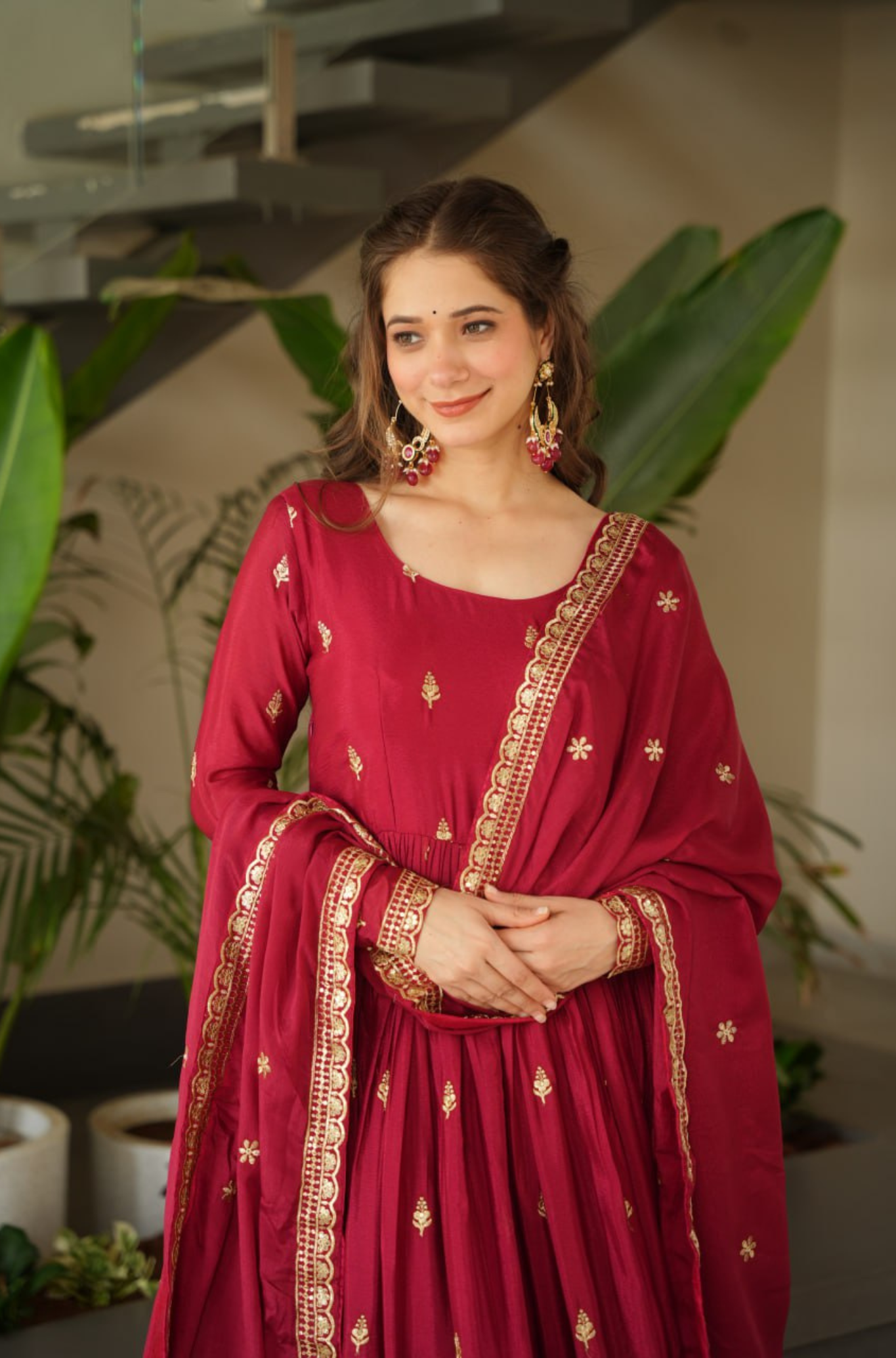 Women Traditional Embroidered Anarkali Gown Set With Designer Dupatta