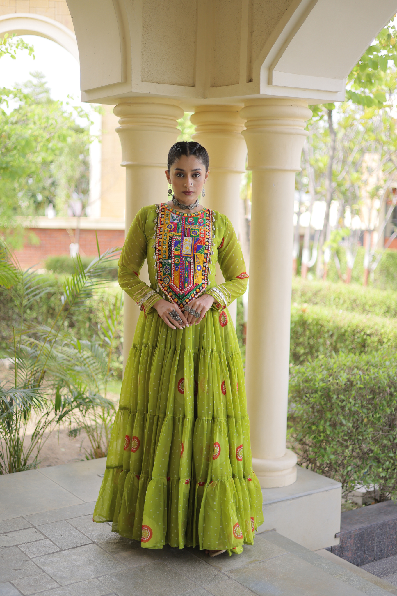 Women's Designer Kutchi Gamthi Embroidered Tiered Anarkali Gown with Mirror Work
