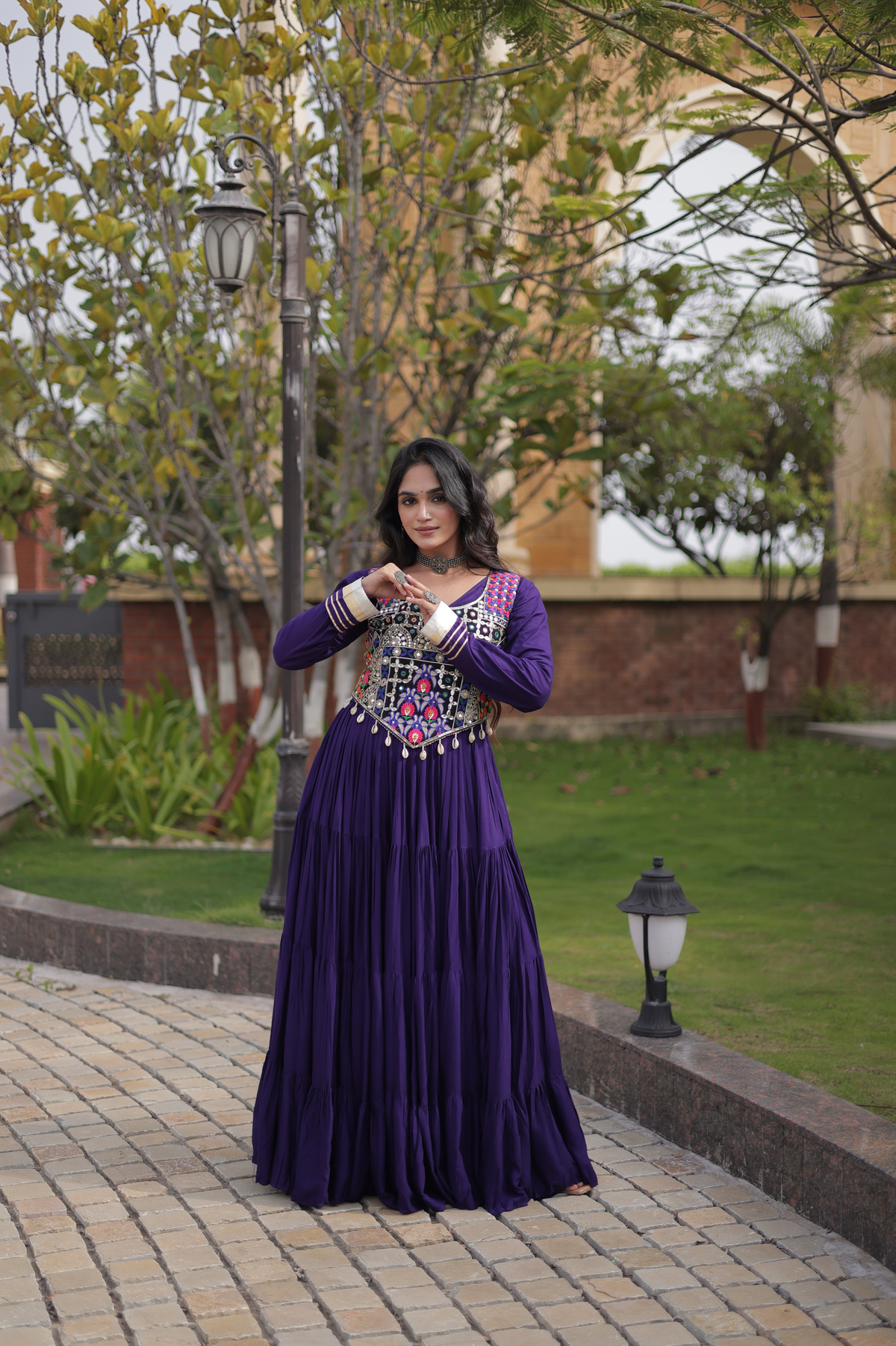 Designer Embroidered Koti Gown with Mirror Work & Flared Skirt