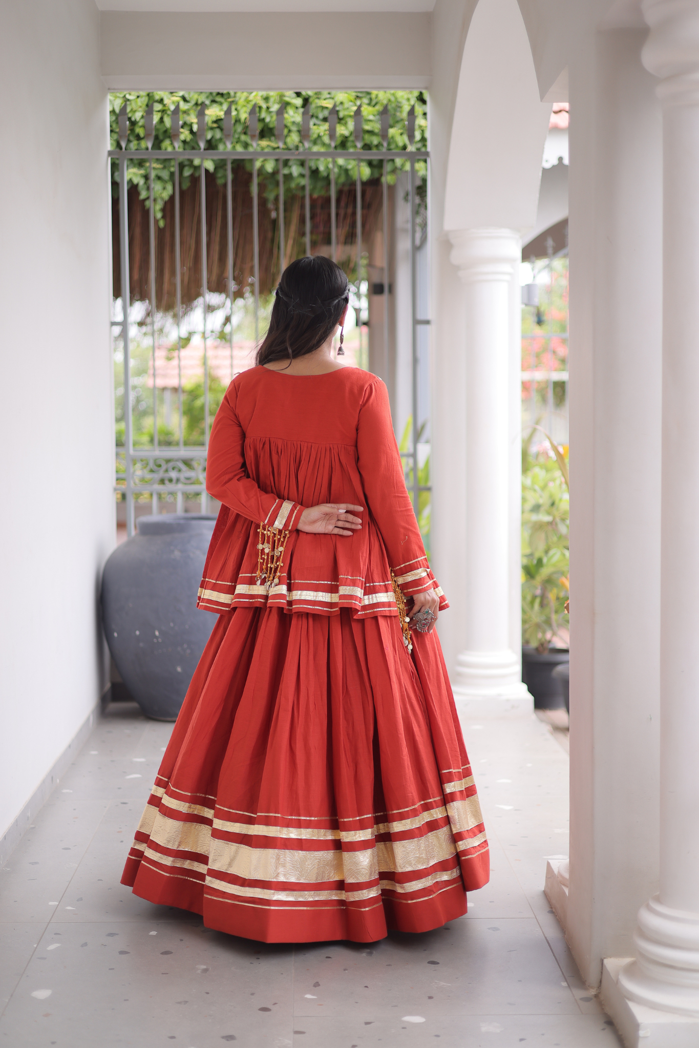Women's Designer Ethnic Co-Ord Set with Mirror Work Peplum Top & Long Flared Skirt