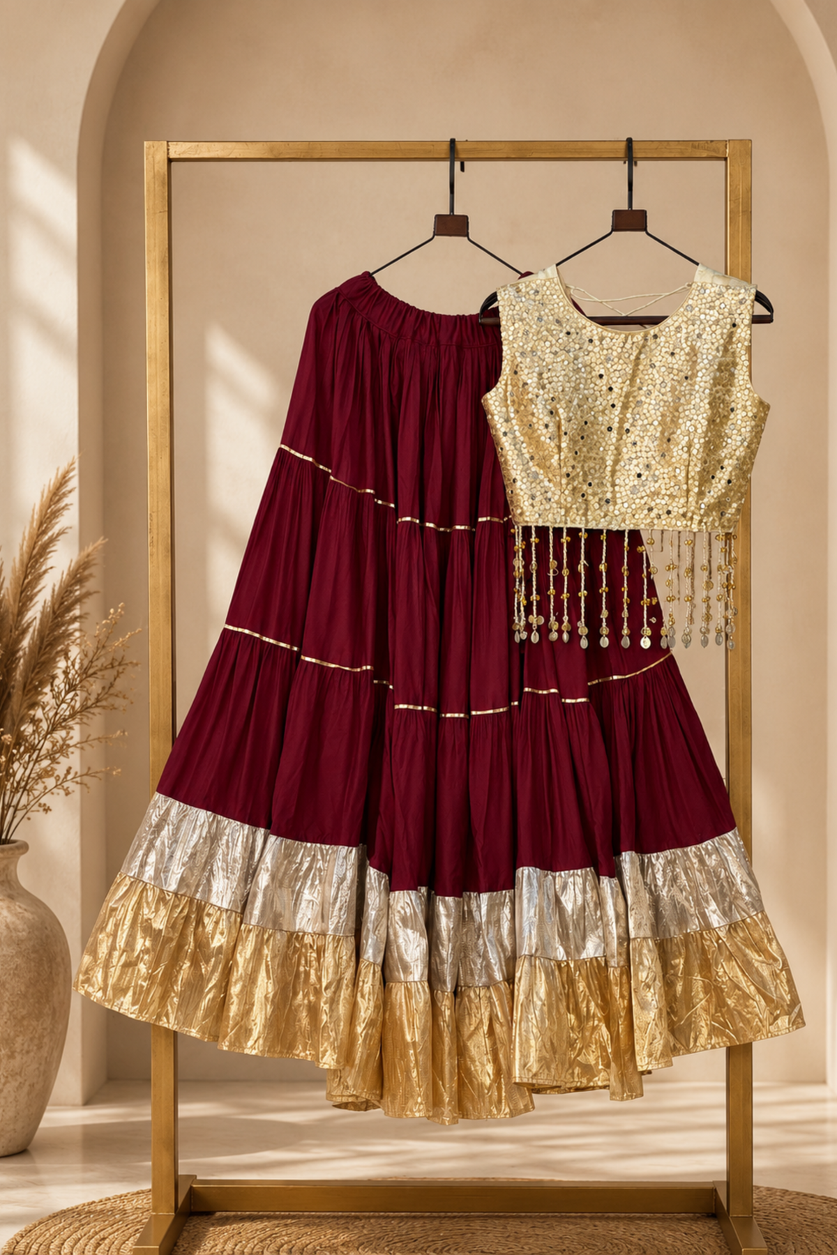 Women’s Burgundy Ethnic Lehenga Choli Set with Gold Sequin Blouse