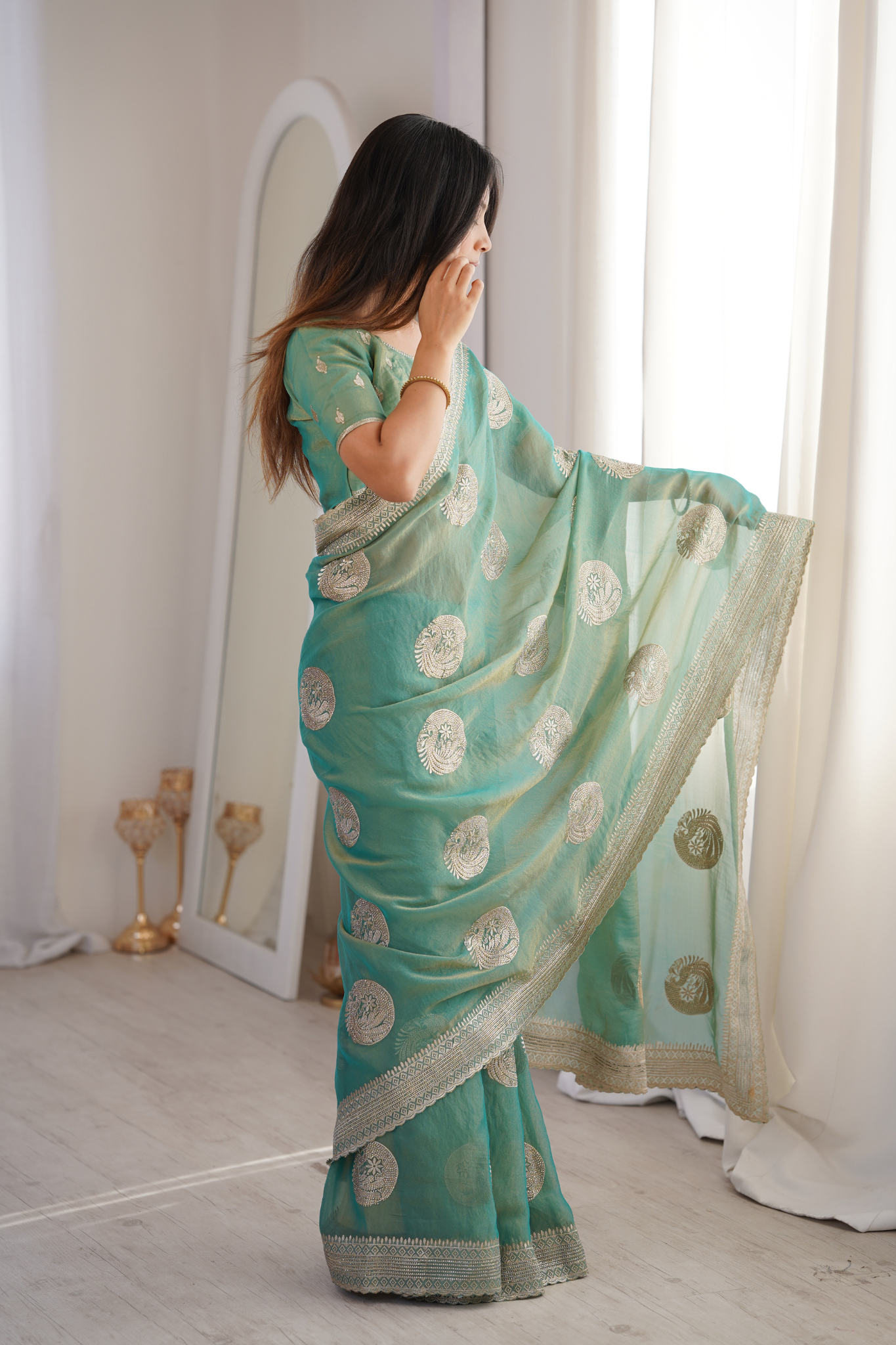 Women Organza Saree with Silver Zari Embroidery Border