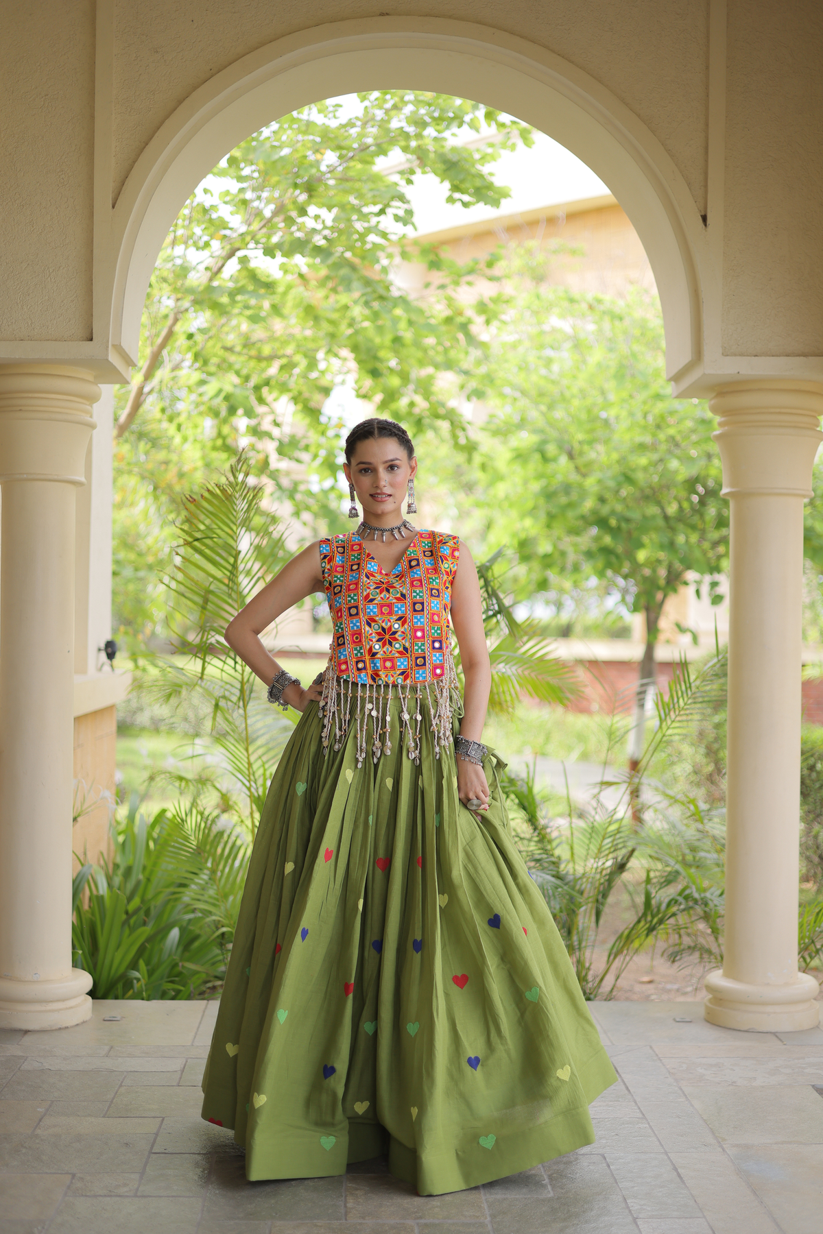 Women’s Designer Embroidered Lehenga Choli Set with Colorful Mirror Work & Flared Skirt