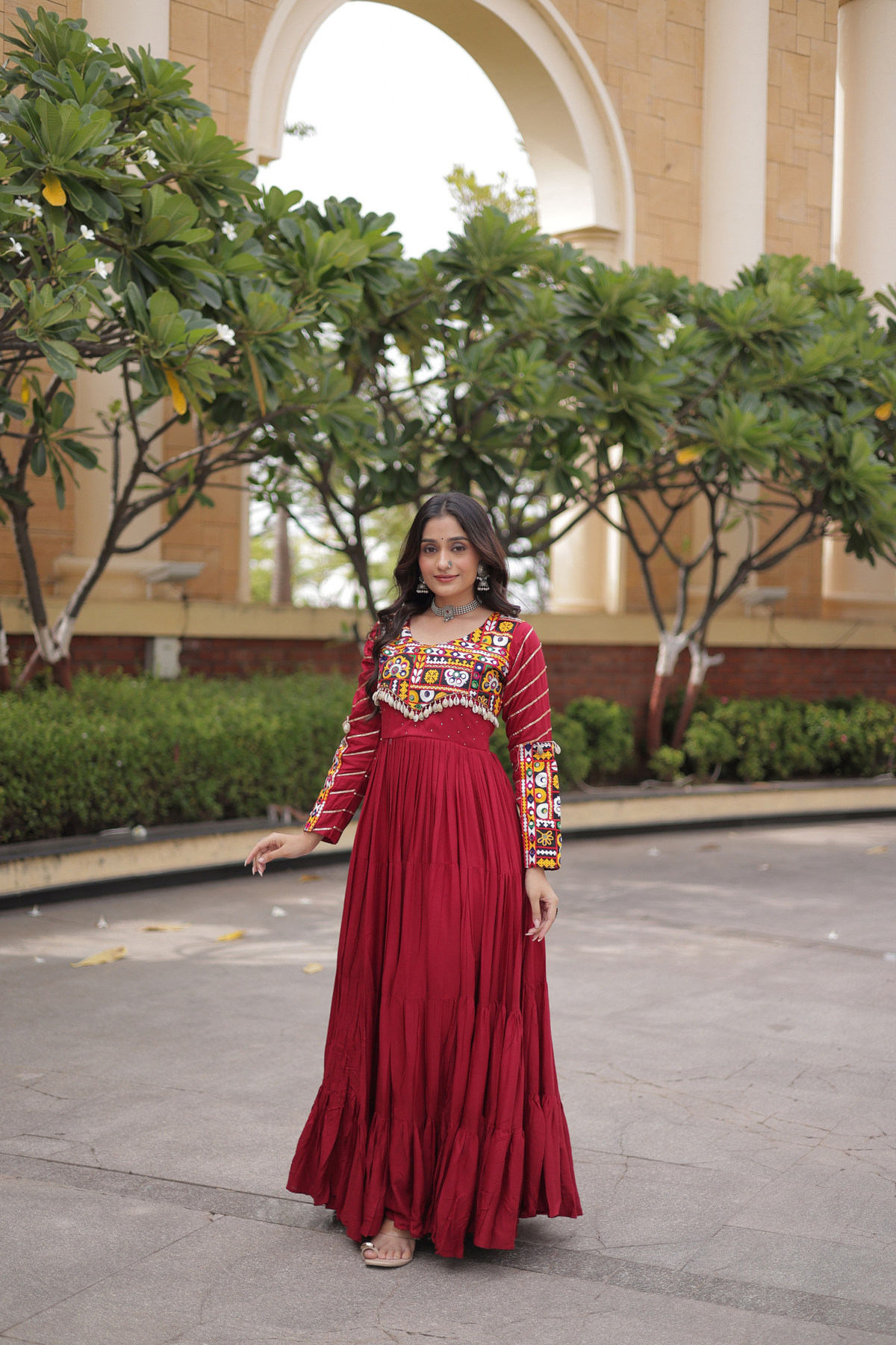 Designer Navratri Anarkali Gown with Traditional Handcrafted Yoke & Tassel Detailing