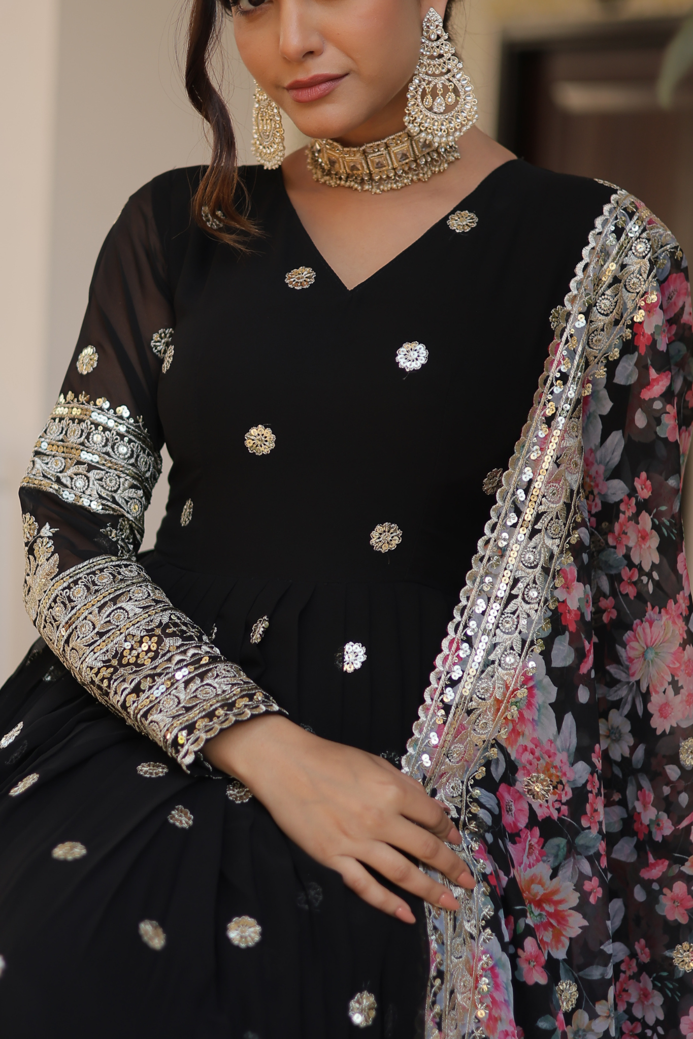Women's Designer Sequins Embroidered Anarkali Gown with Floral Printed Dupatta
