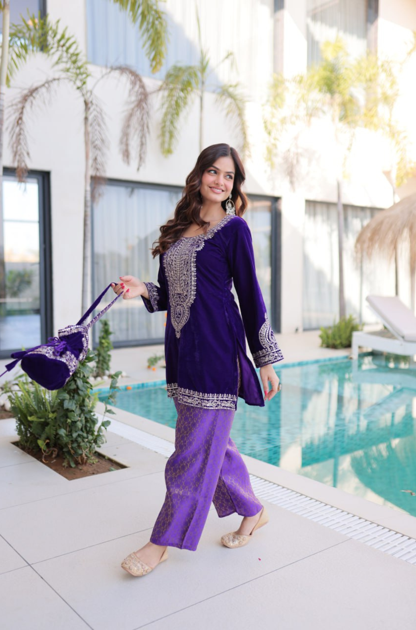 Designer Velvet Kurti Palazzo Set with Potli Bag for Women