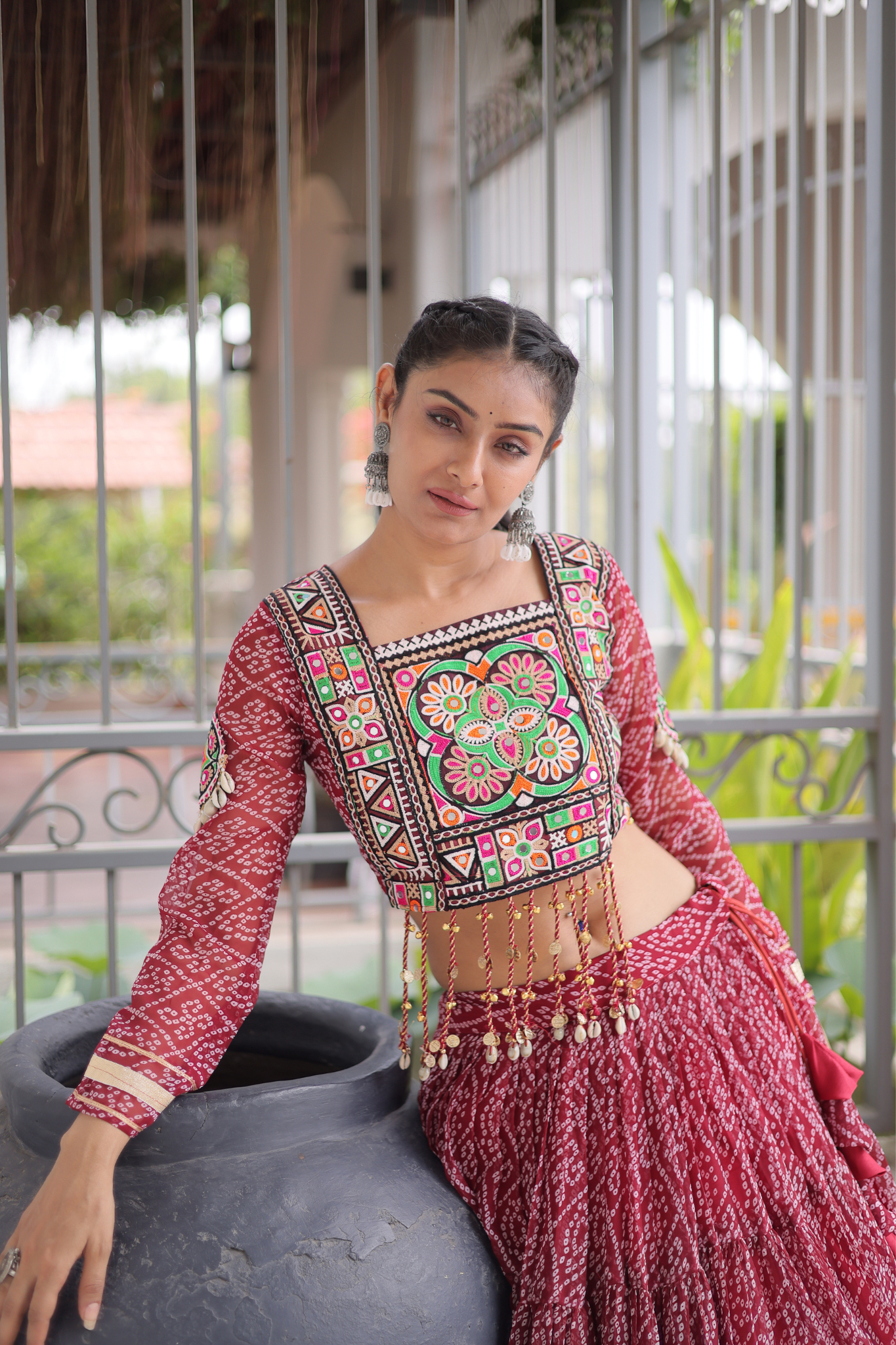 Women's Bandhani Printed Navratri Lehenga Choli Set with Kutchi Gamthi Embroidered Mirror Work Blouse