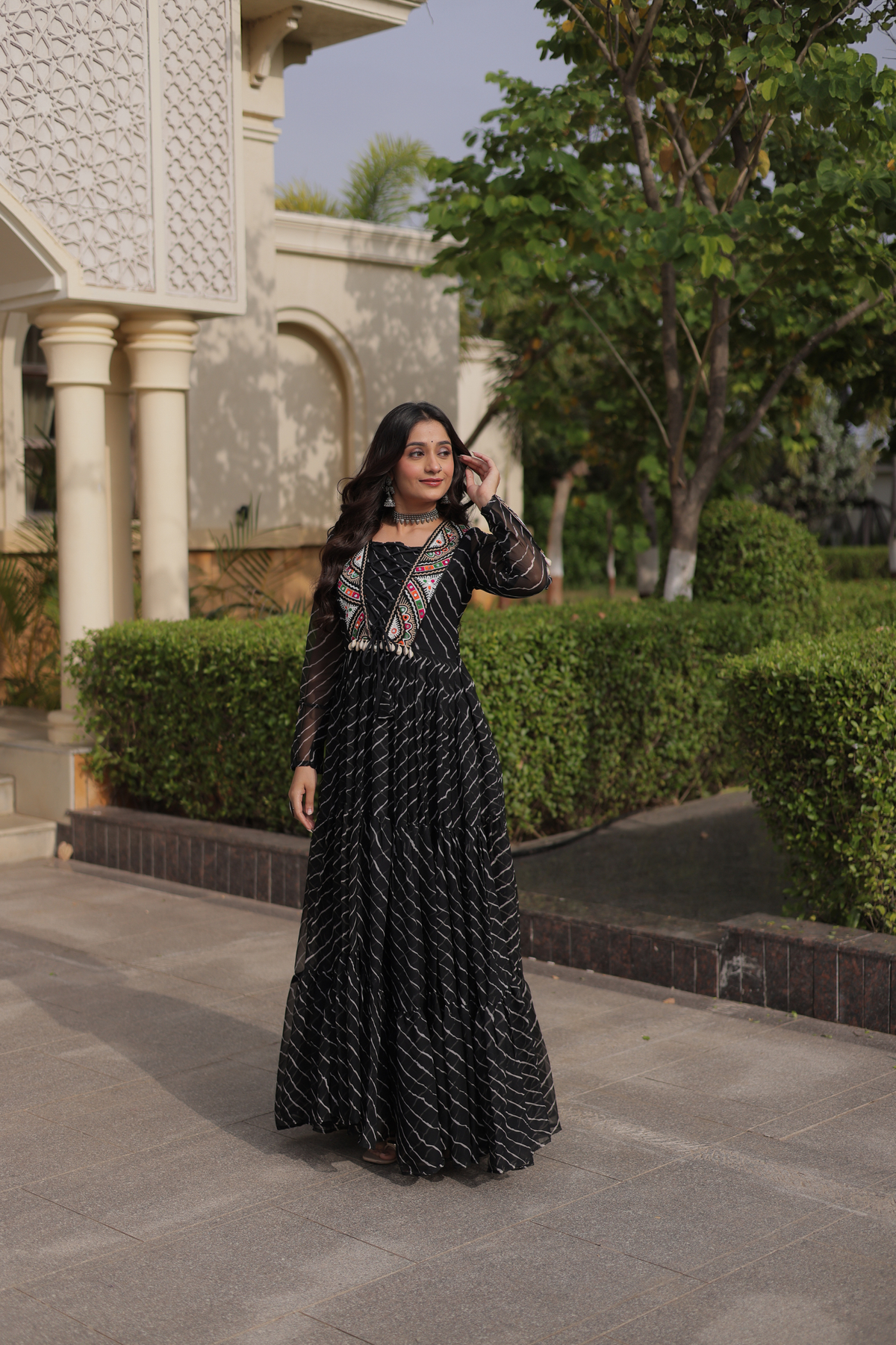 Designer Printed Anarkali Gown with Embroidered Yoke & Flared Skirt