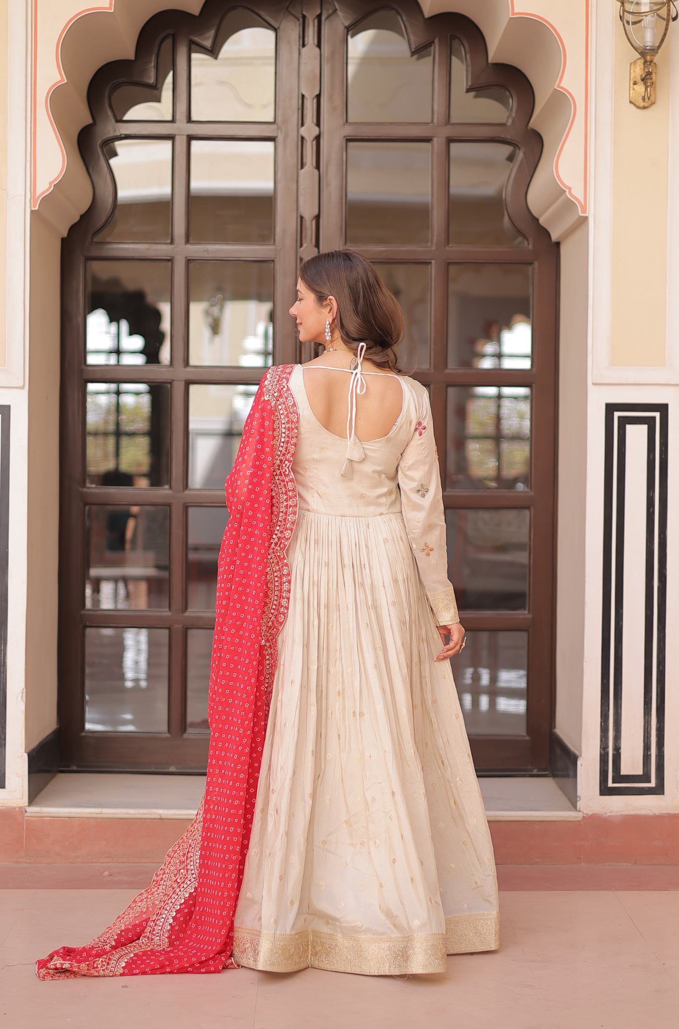 Women Mirror Embroidered Anarkali Gown with Bandhani Dupatta