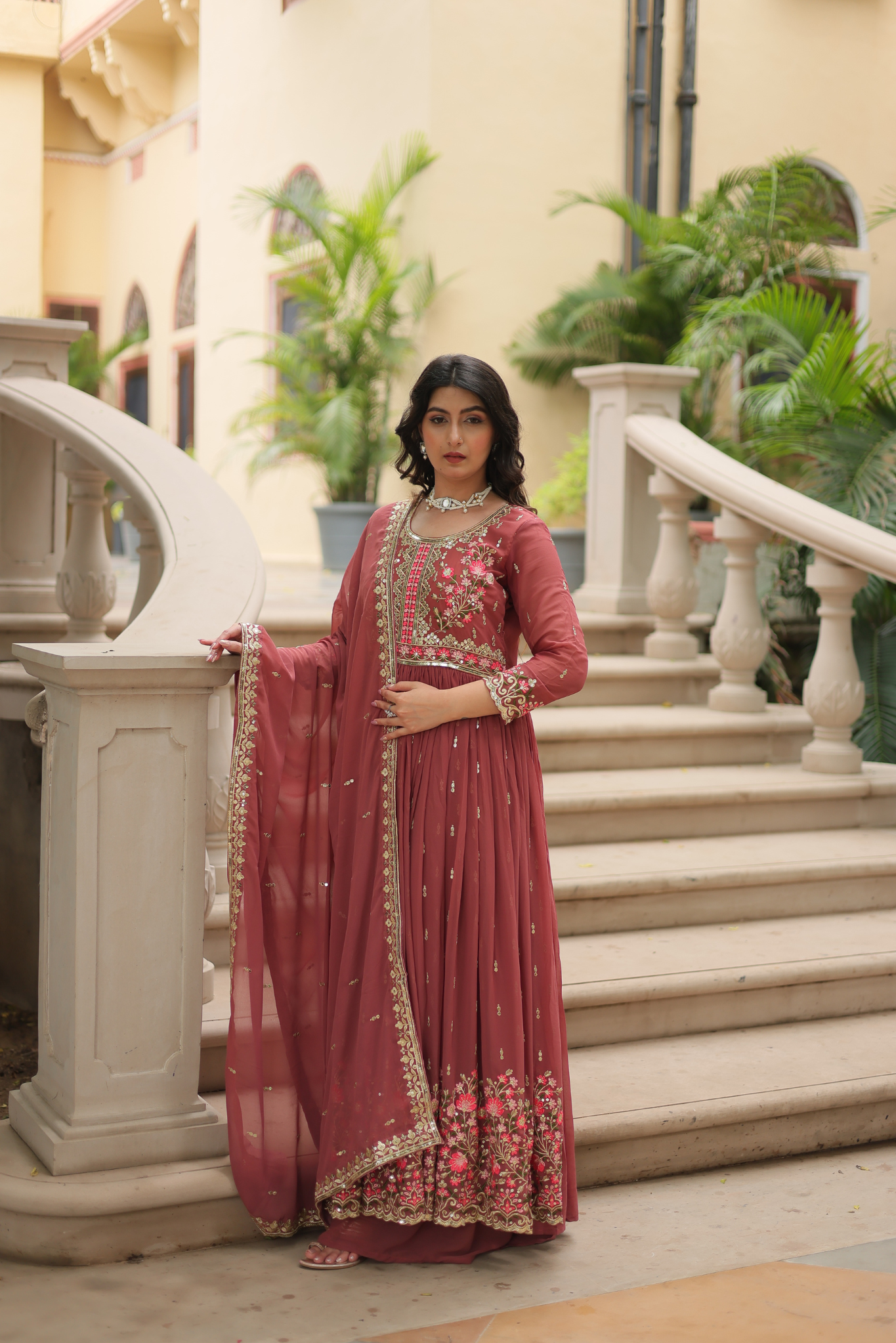 Women's Designer Floral Embroidered Anarkali Gown with Dupatta