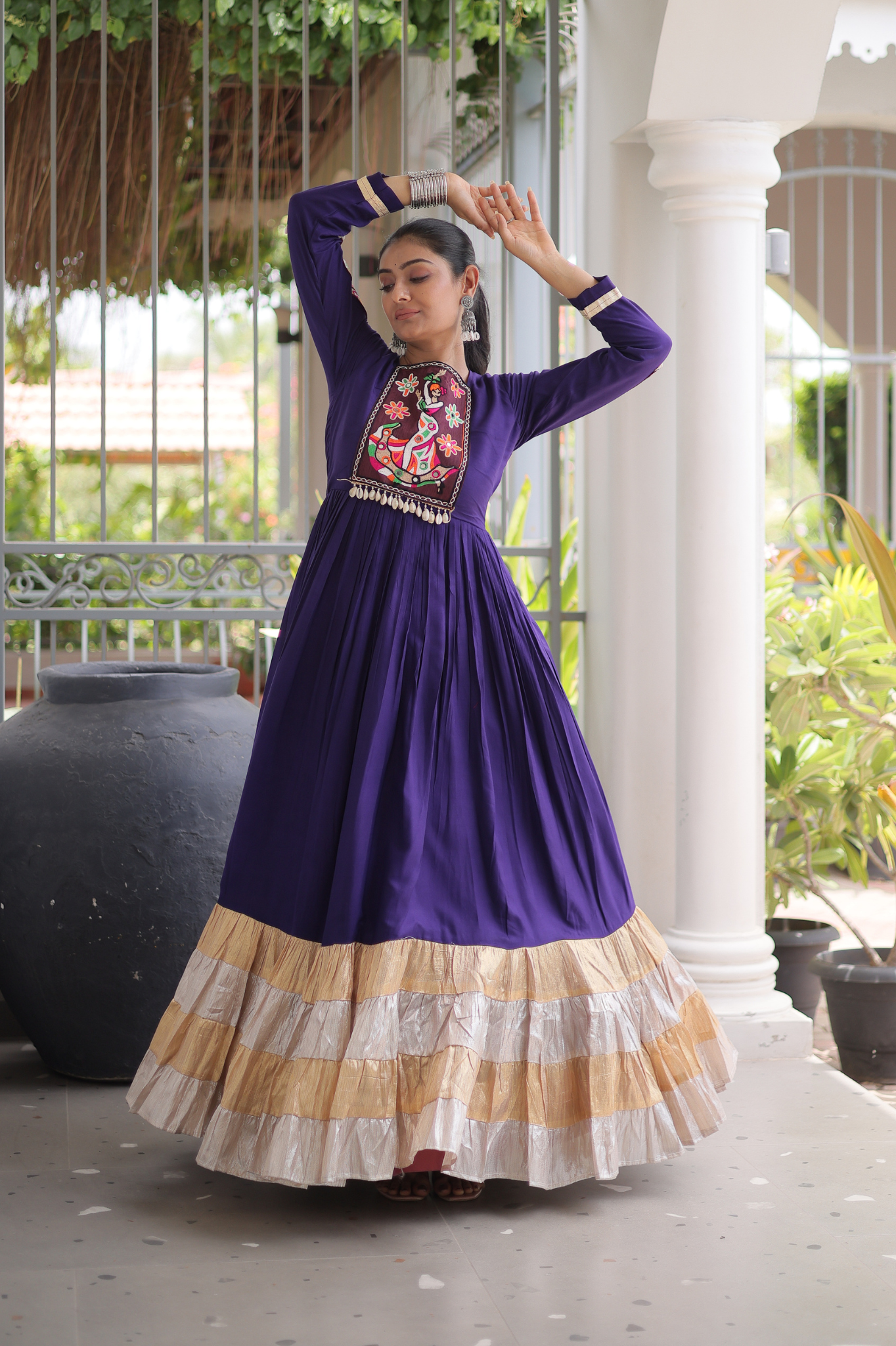 Women's Handcrafted Mirror Work Tiered Anarkali Gown