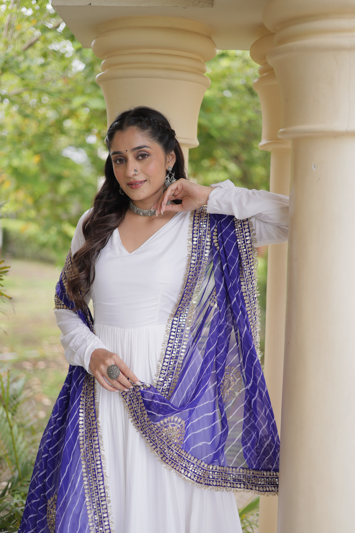 Elegant Anarkali Gown with Golden Border & Printed Dupatta