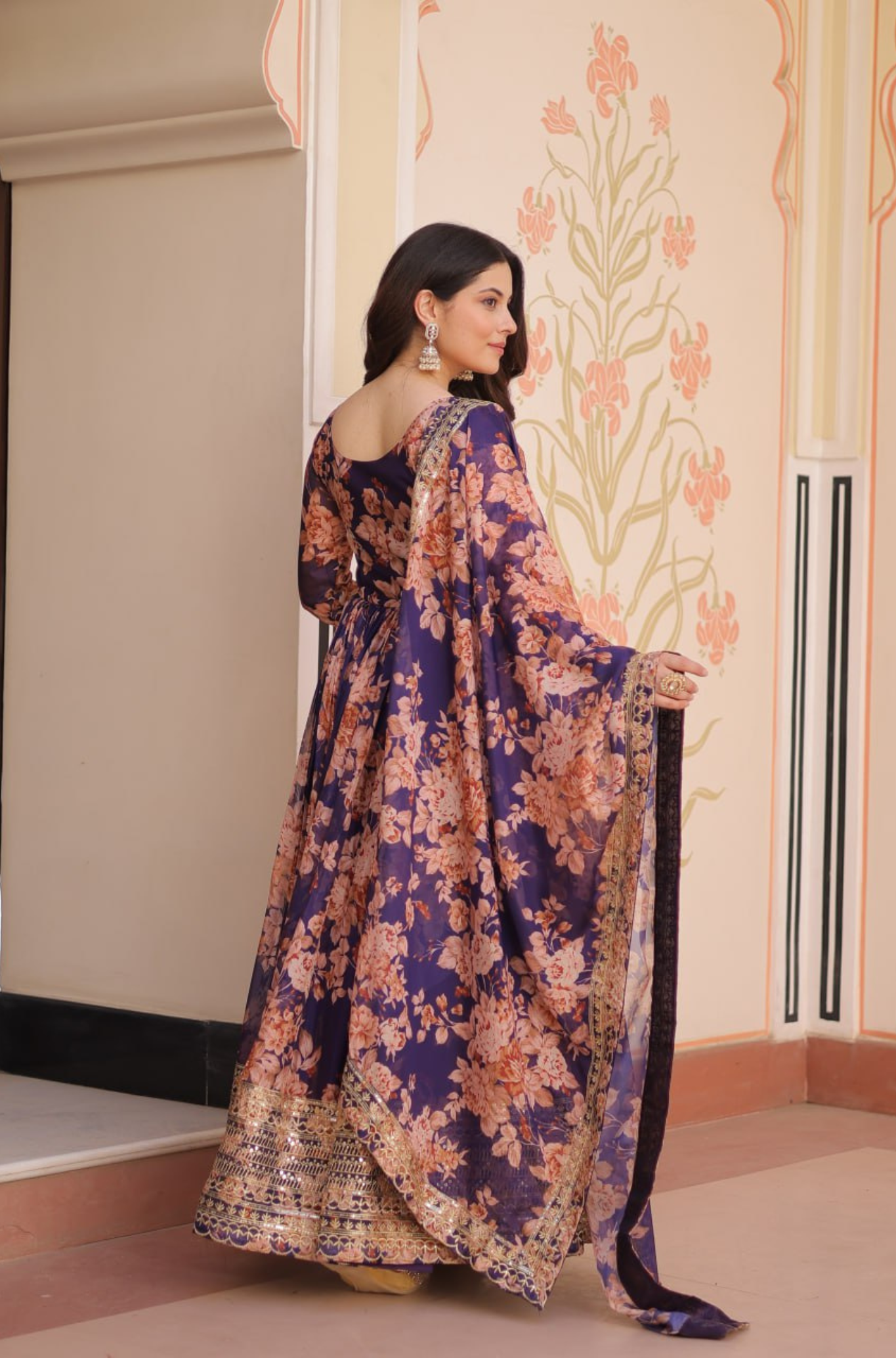 Women's Designer Floral Anarkali Gown Dupatta Set