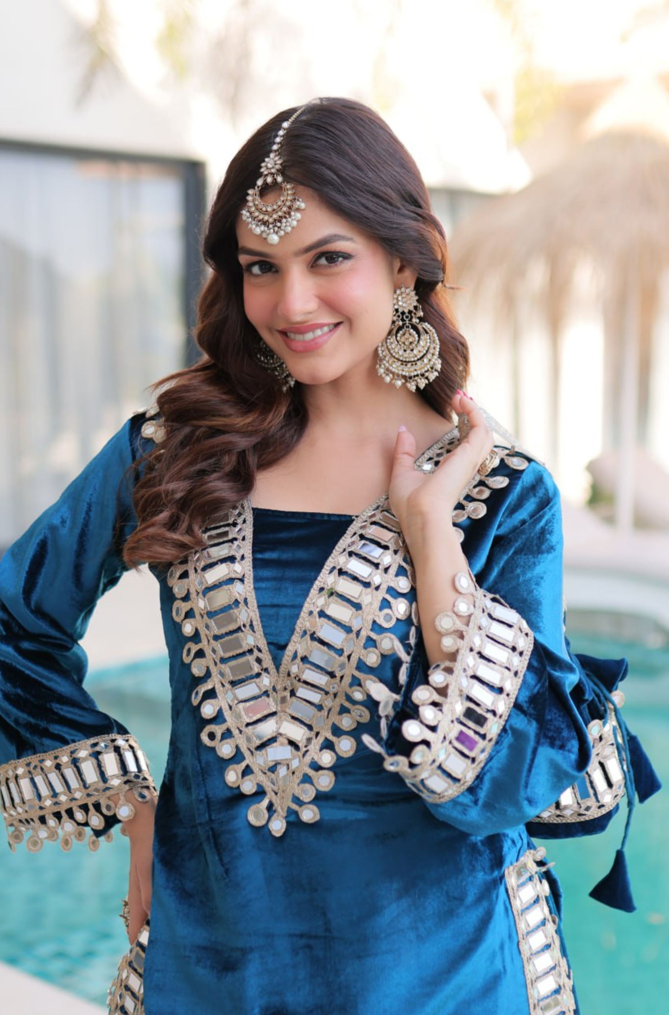 Velvet Mirror Work Kurti Palazzo Set with Batwa