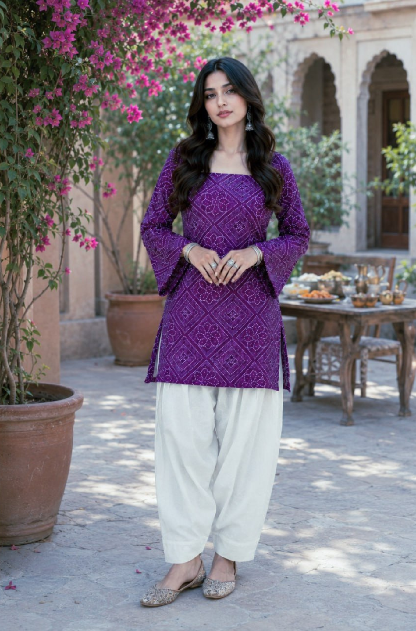 Women's Designer Bandhani Print Cotton Short Kurti Set