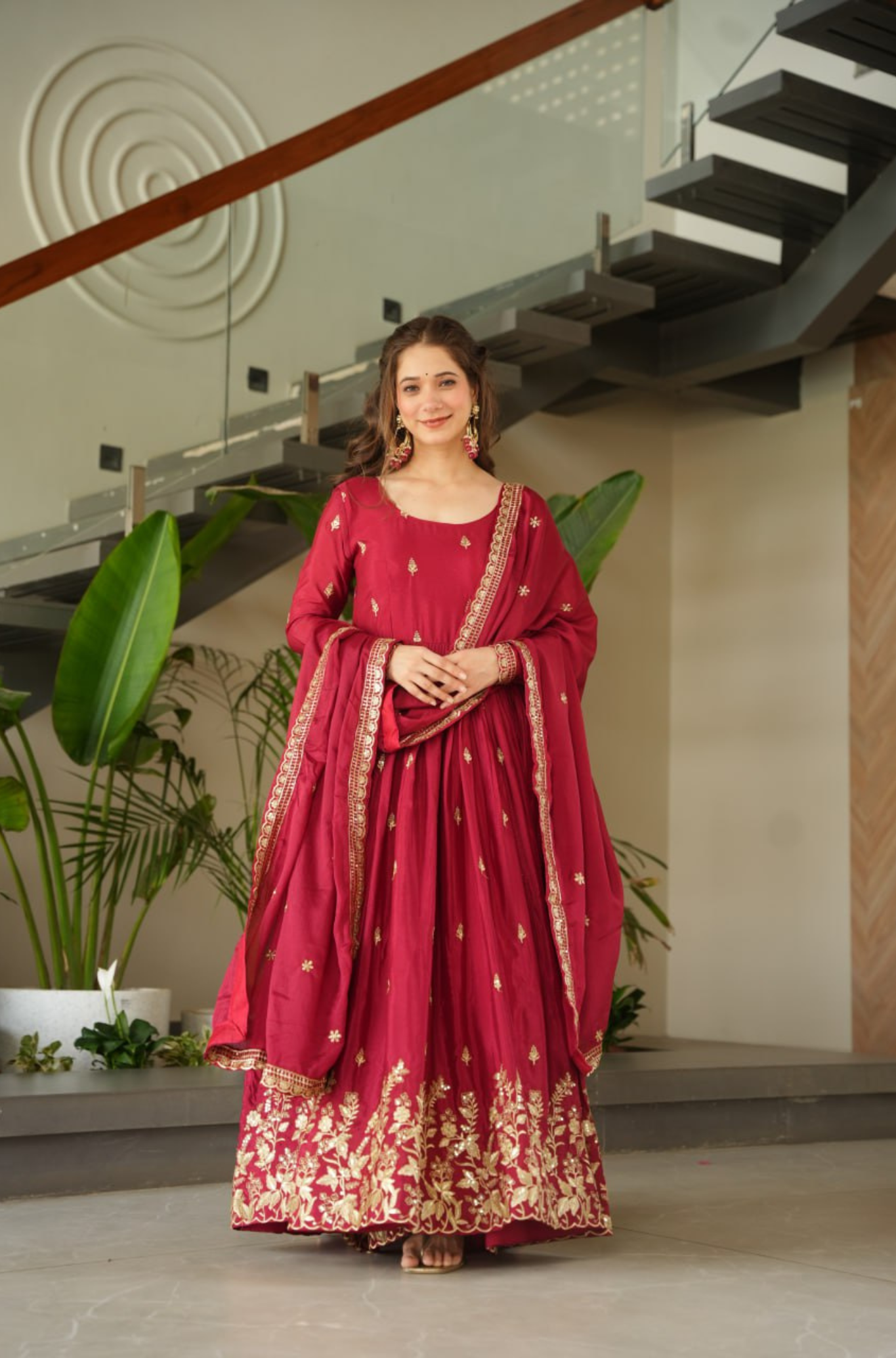 Women Traditional Embroidered Anarkali Gown Set With Designer Dupatta