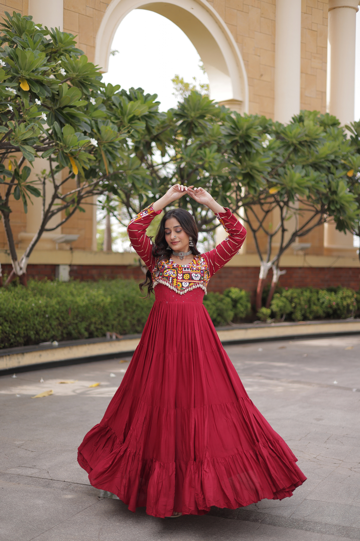 Designer Navratri Anarkali Gown with Traditional Handcrafted Yoke & Tassel Detailing