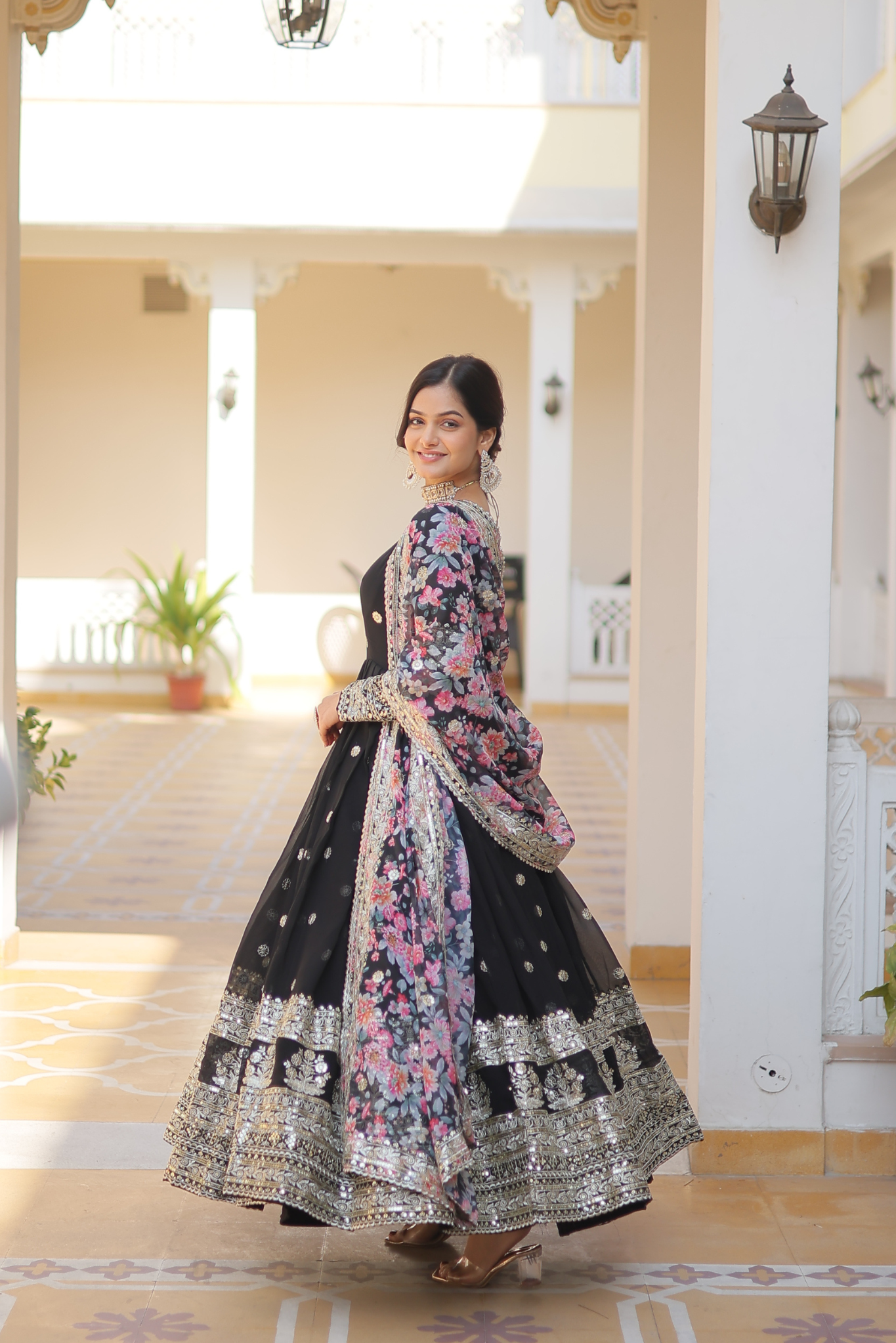 Women's Designer Sequins Embroidered Anarkali Gown with Floral Printed Dupatta