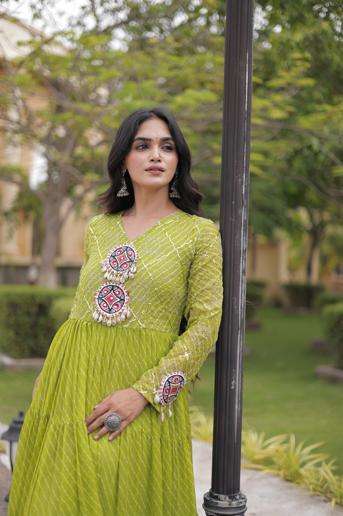Navratri Special Bandhani Anarkali Gown with Mirror Work & Traditional Embroidered Yoke