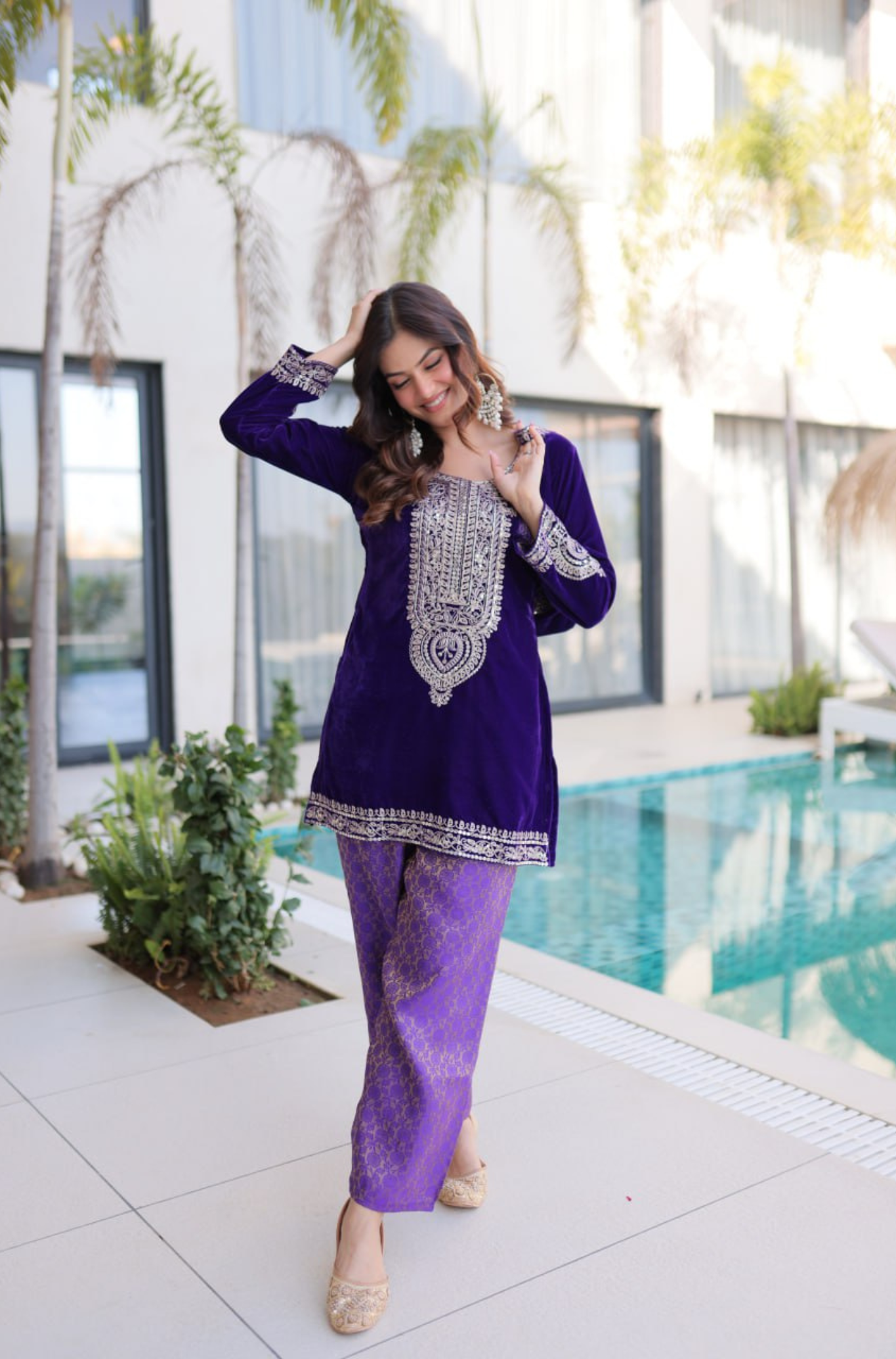 Designer Velvet Kurti Palazzo Set with Potli Bag for Women