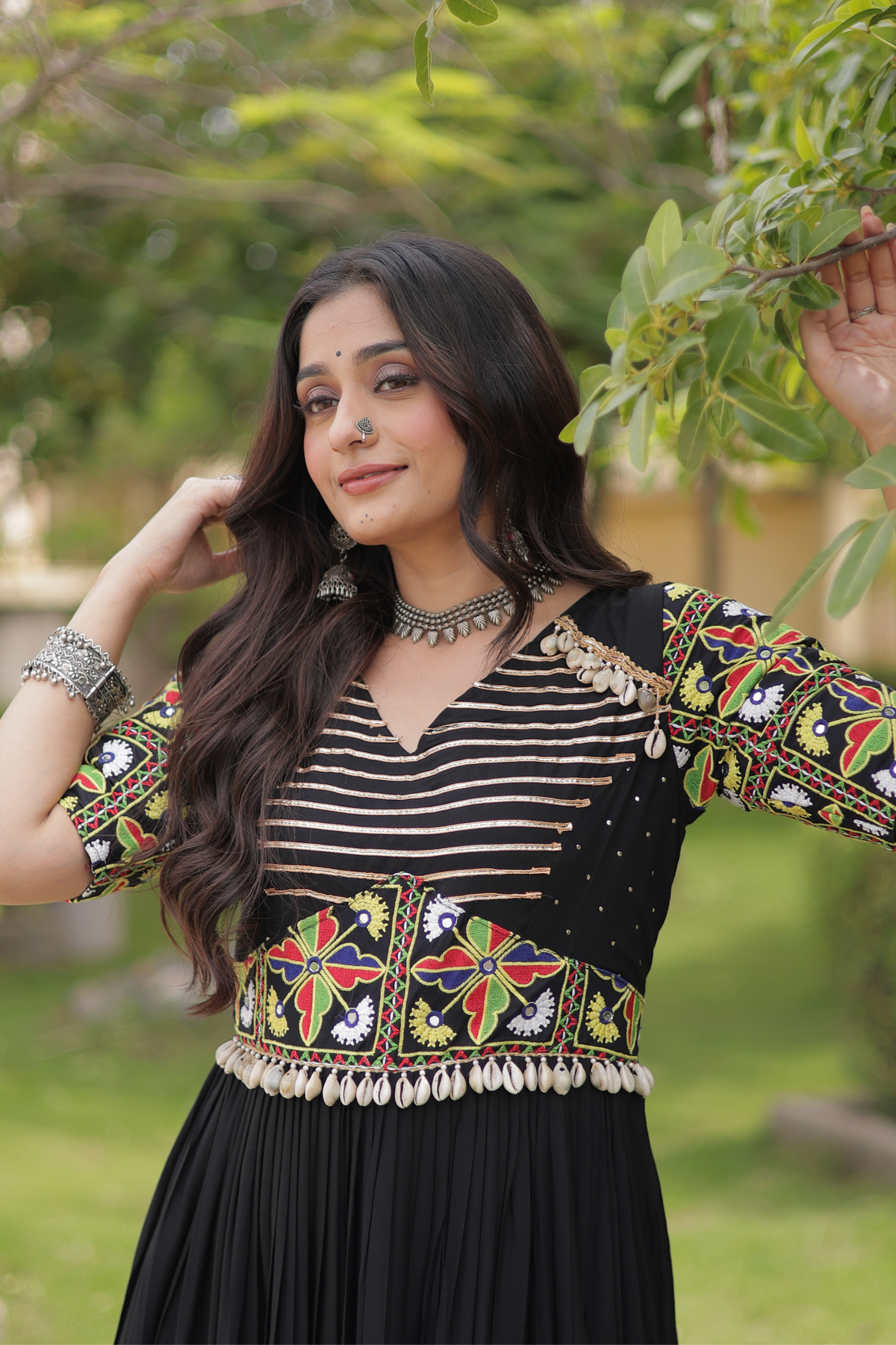 Designer Anarkali Gown with Kutchi Embroidered Yoke & Flared Skirt
