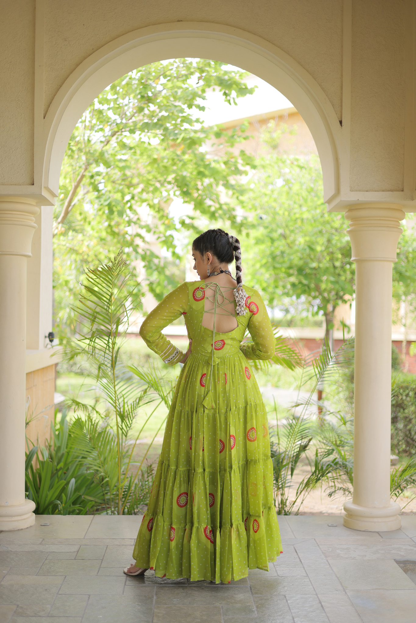 Women's Designer Kutchi Gamthi Embroidered Tiered Anarkali Gown with Mirror Work