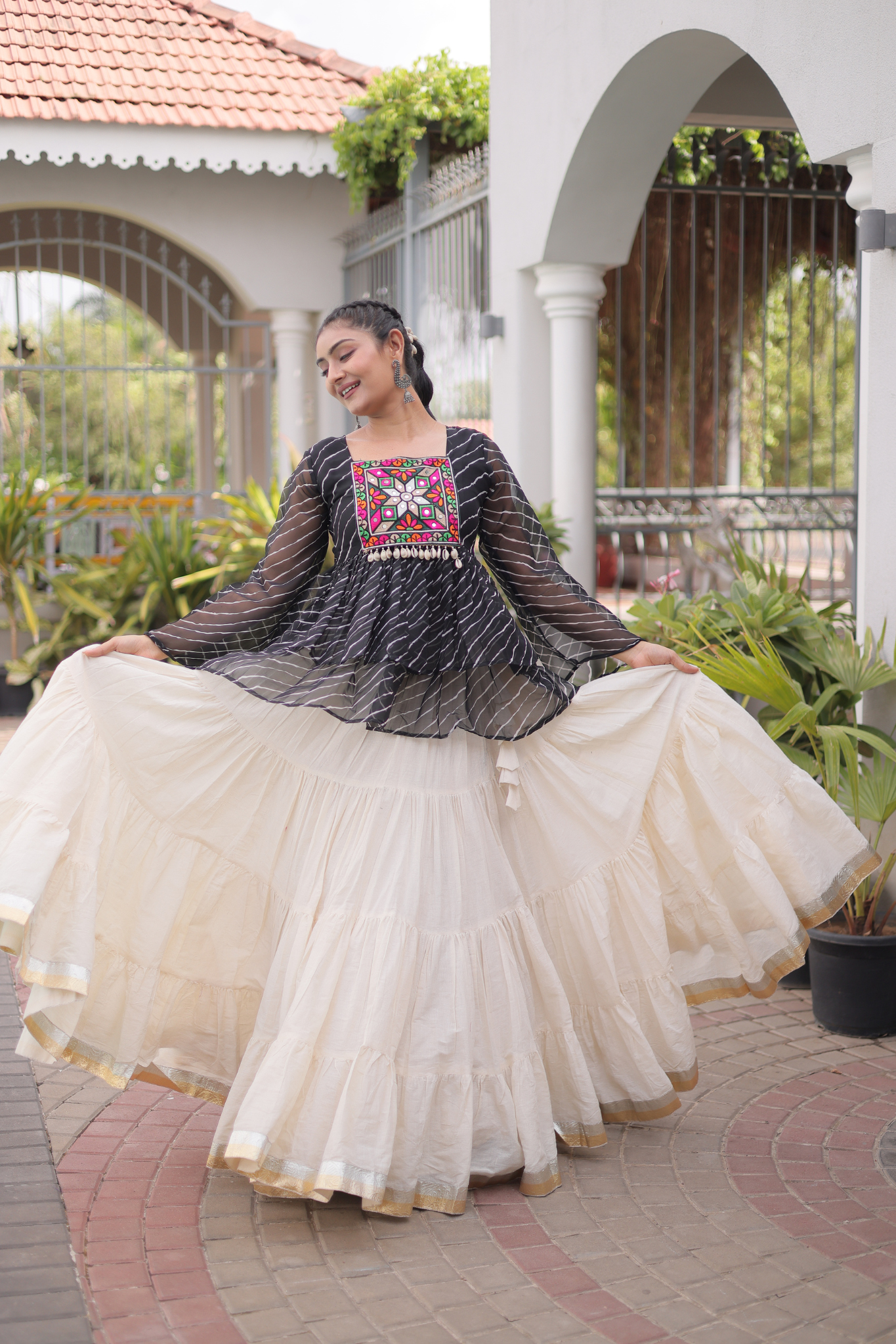 Women's Designer Kutchi Gamthi Peplum Top with Tiered Lehenga Skirt Set