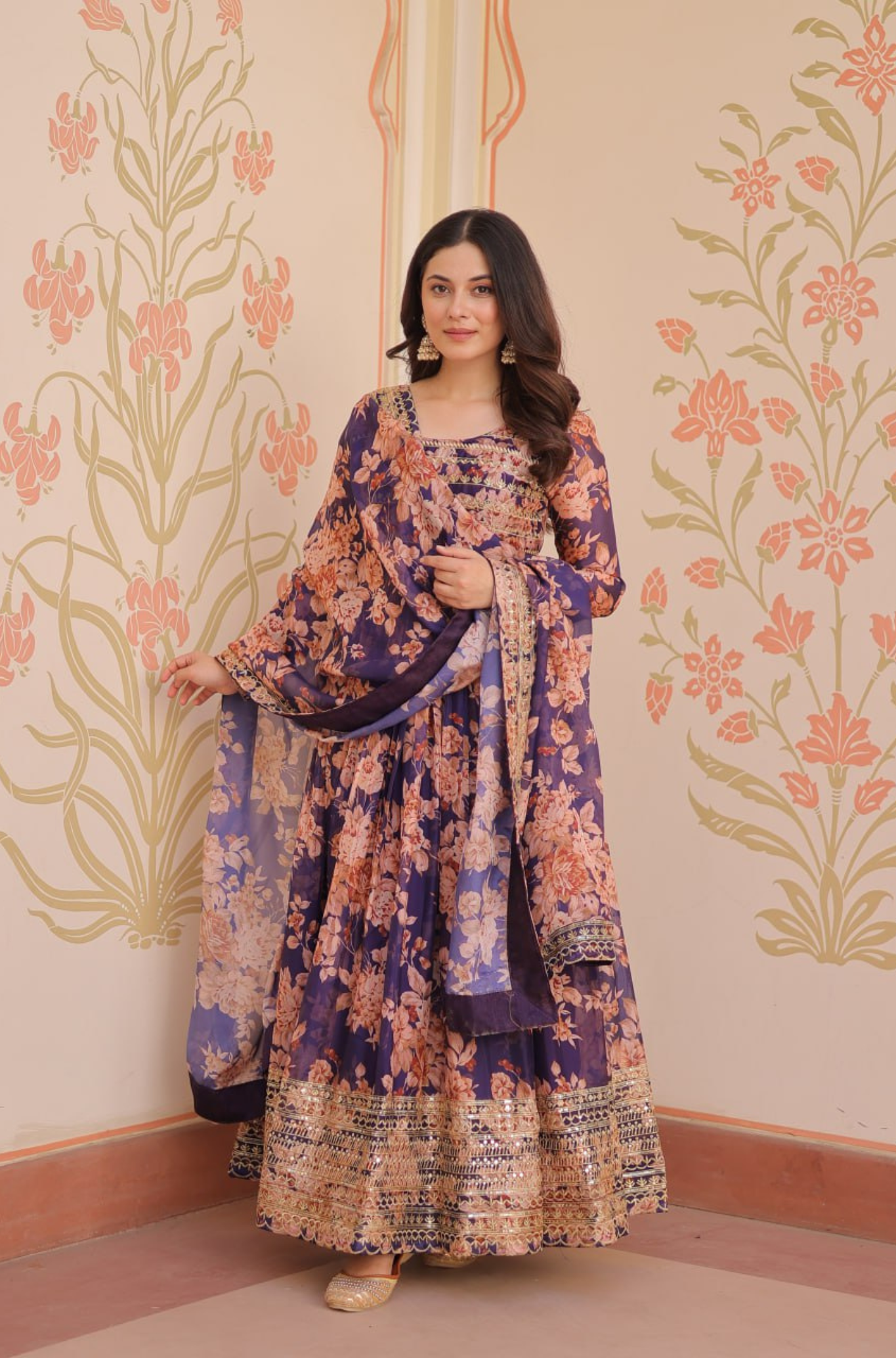 Women's Designer Floral Anarkali Gown Dupatta Set