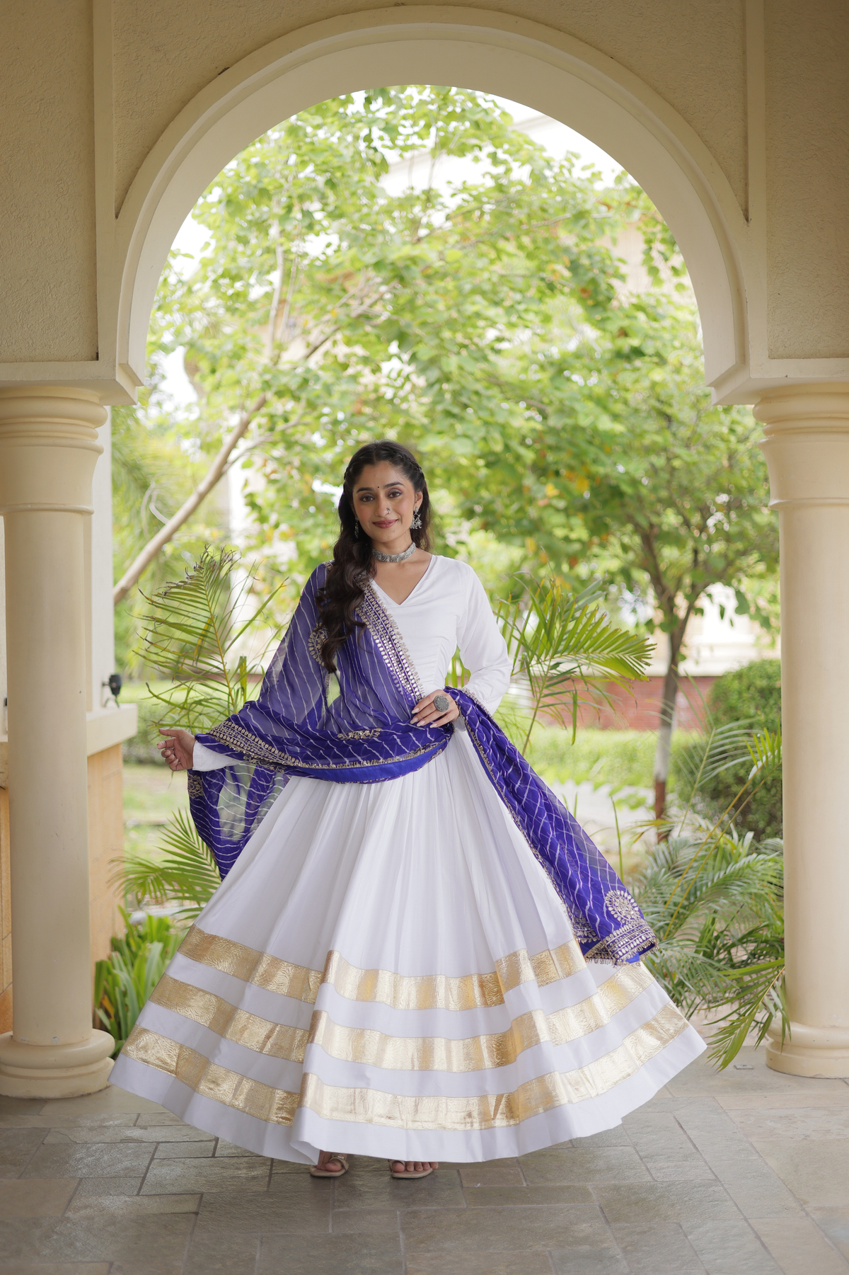 Elegant Anarkali Gown with Golden Border & Printed Dupatta
