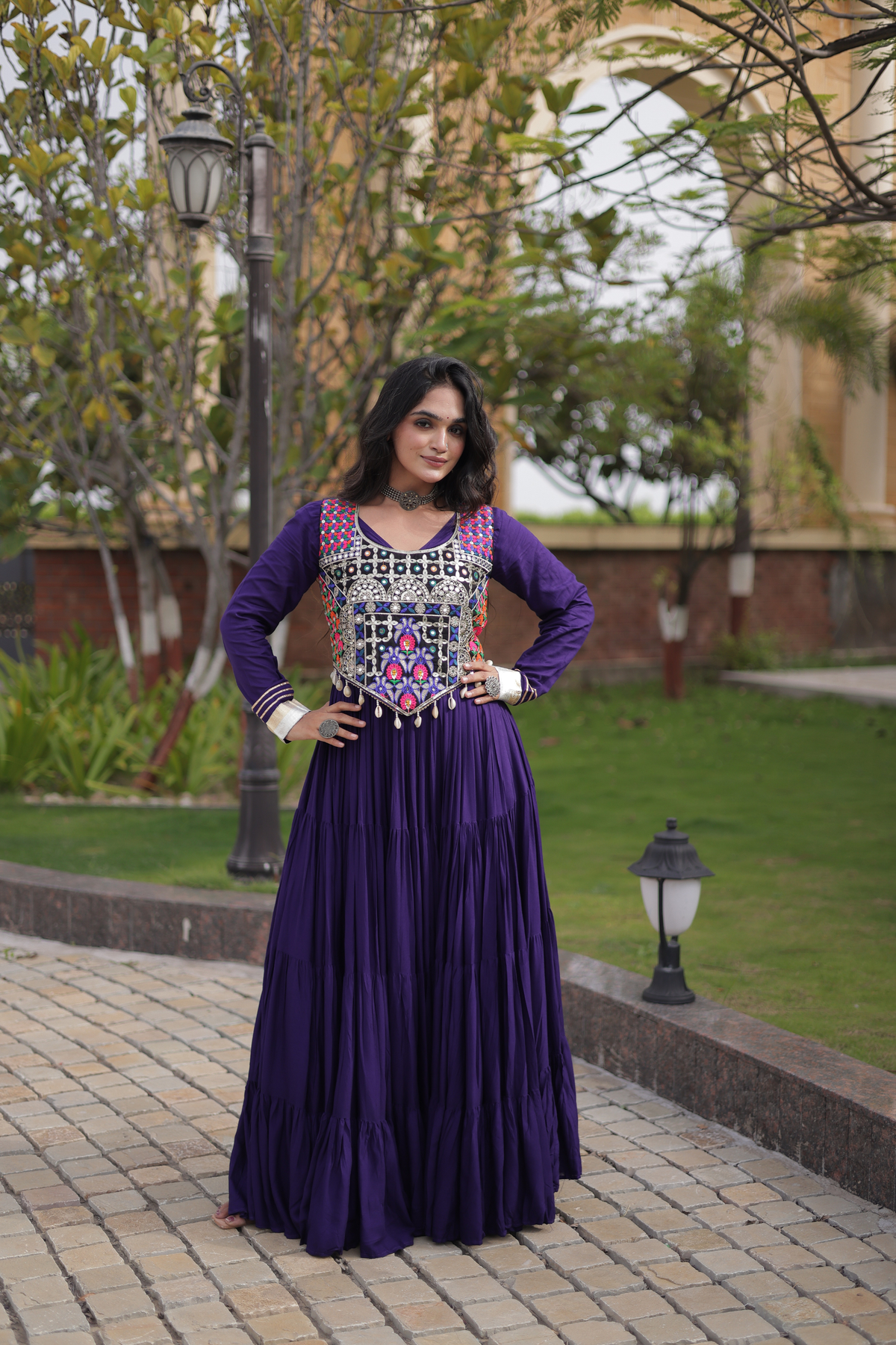 Designer Embroidered Koti Gown with Mirror Work & Flared Skirt