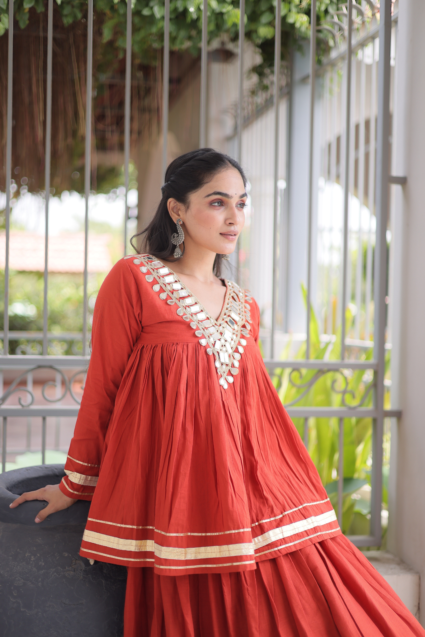 Women's Designer Ethnic Co-Ord Set with Mirror Work Peplum Top & Long Flared Skirt