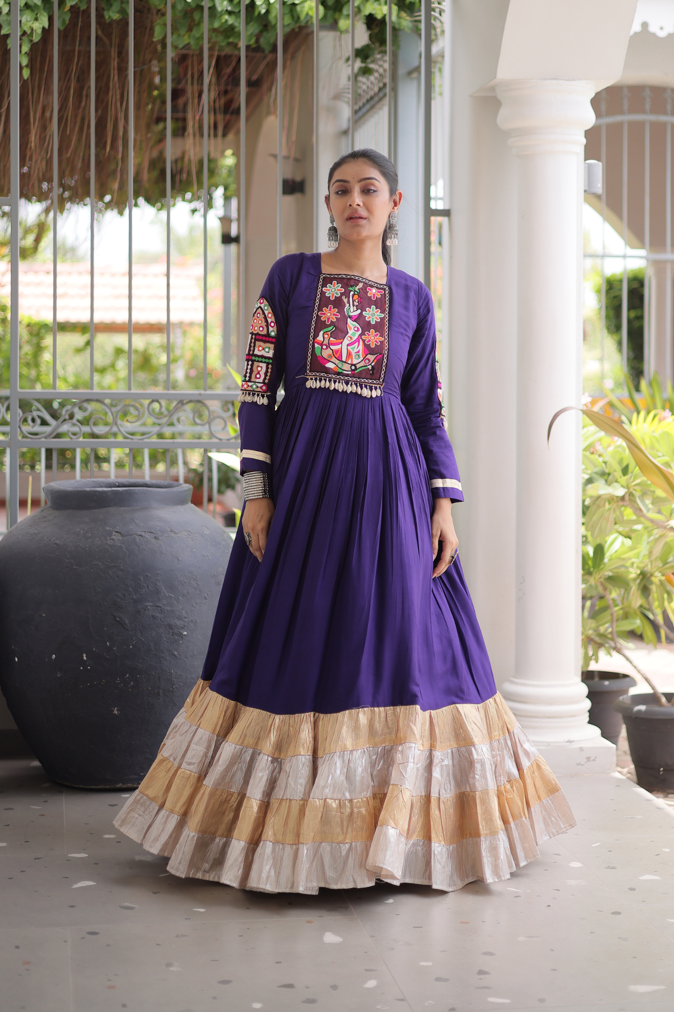 Women's Handcrafted Mirror Work Tiered Anarkali Gown