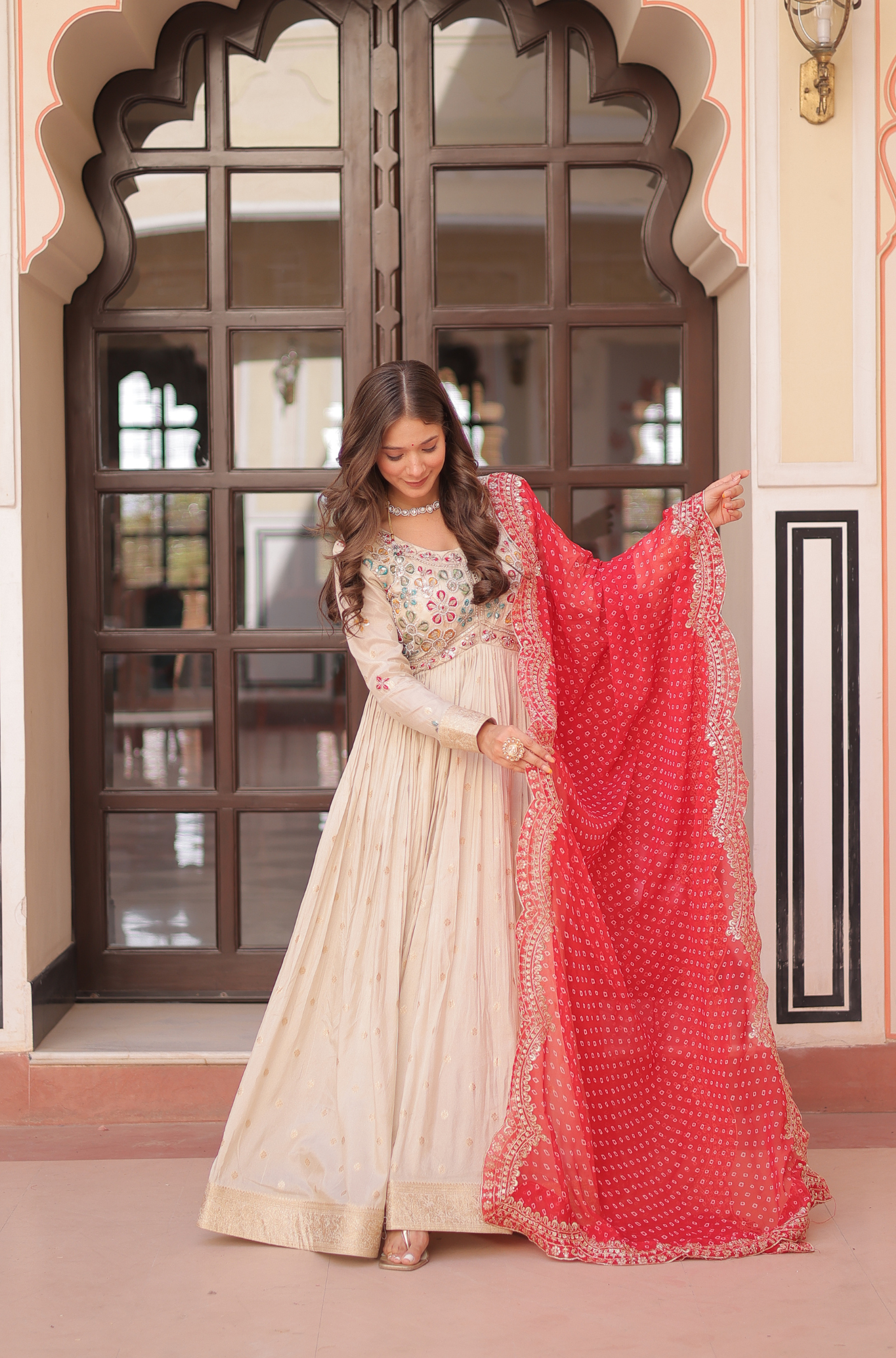 Women Mirror Embroidered Anarkali Gown with Bandhani Dupatta