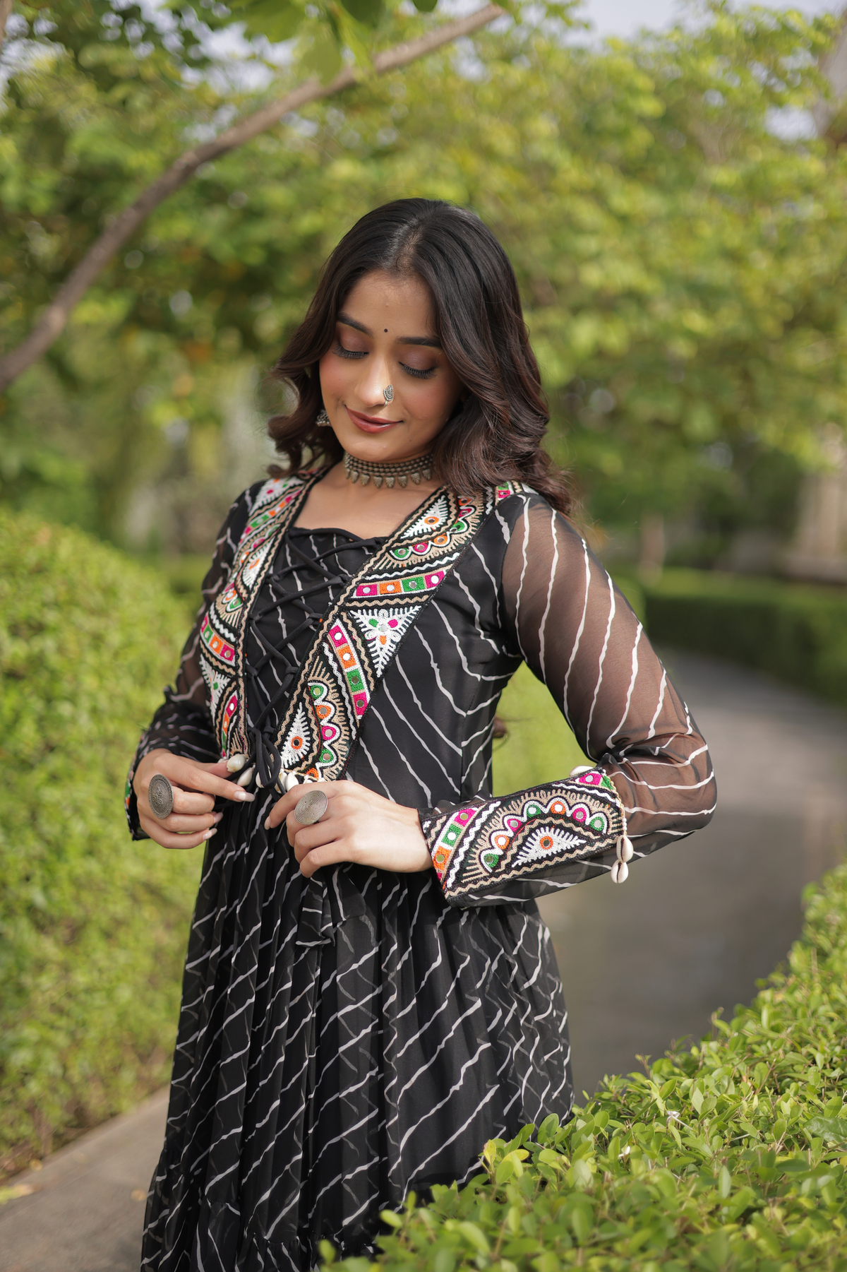 Designer Printed Anarkali Gown with Embroidered Yoke & Flared Skirt