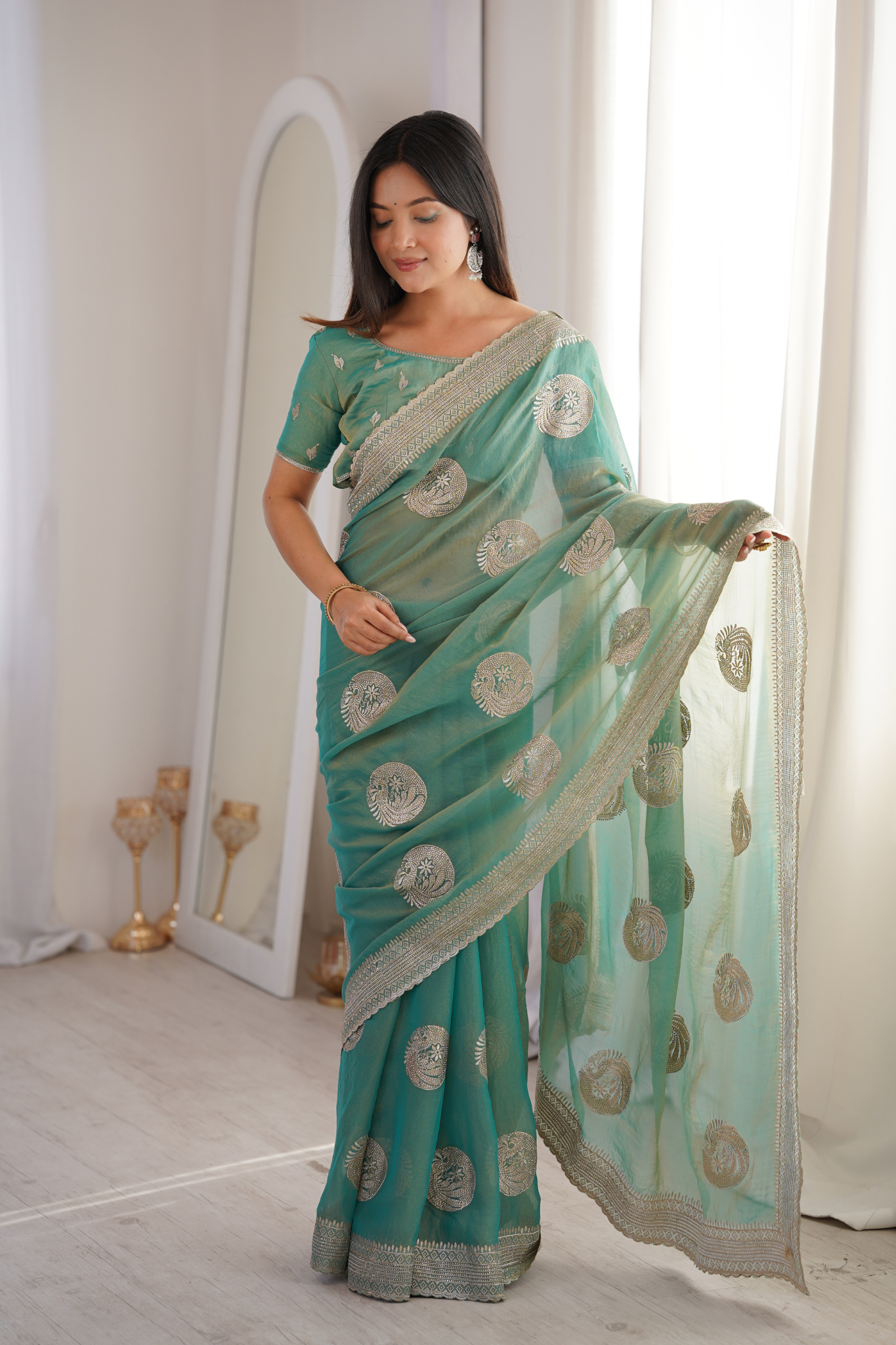 Women Organza Saree with Silver Zari Embroidery Border