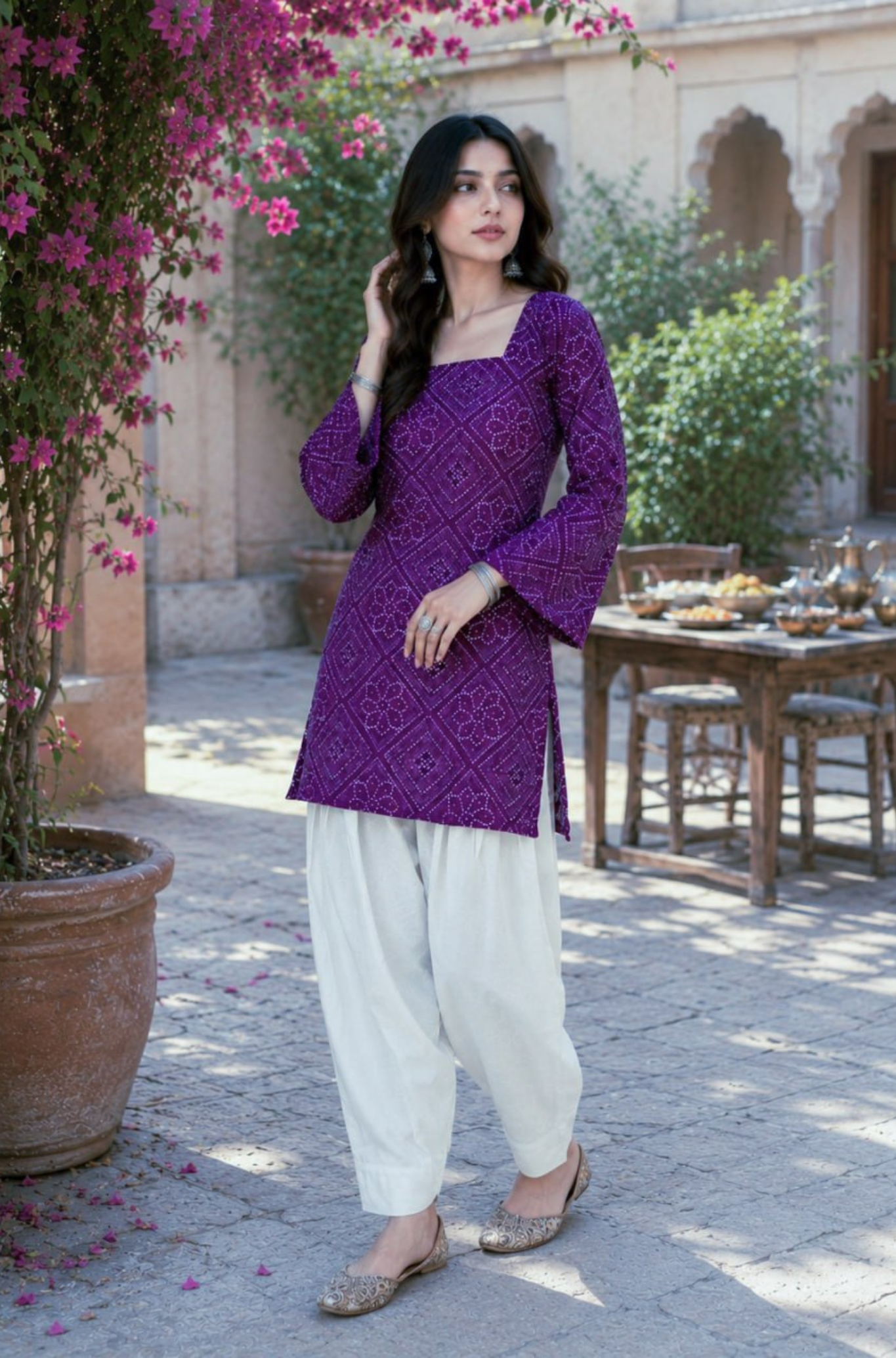 Women's Designer Bandhani Print Cotton Short Kurti Set