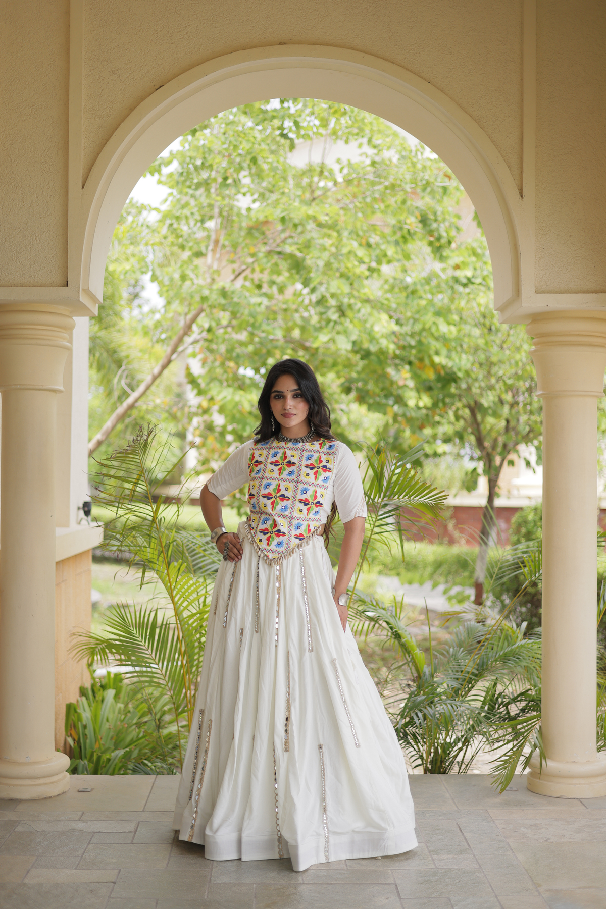 Designer Navratri Chaniya Choli with Embroidered Yoke & Mirror Work