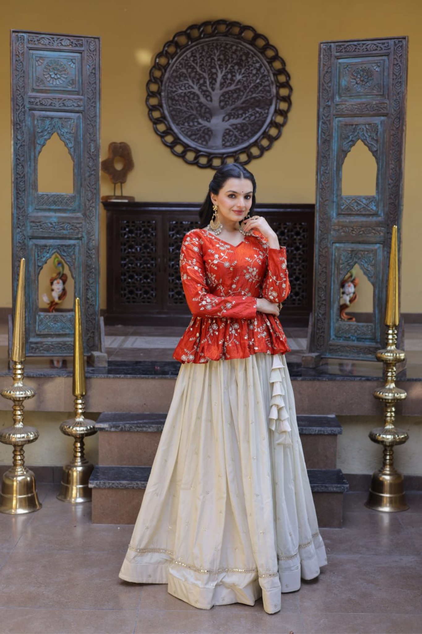 Women's Embroidered Peplum Top with Flared Skirt Set