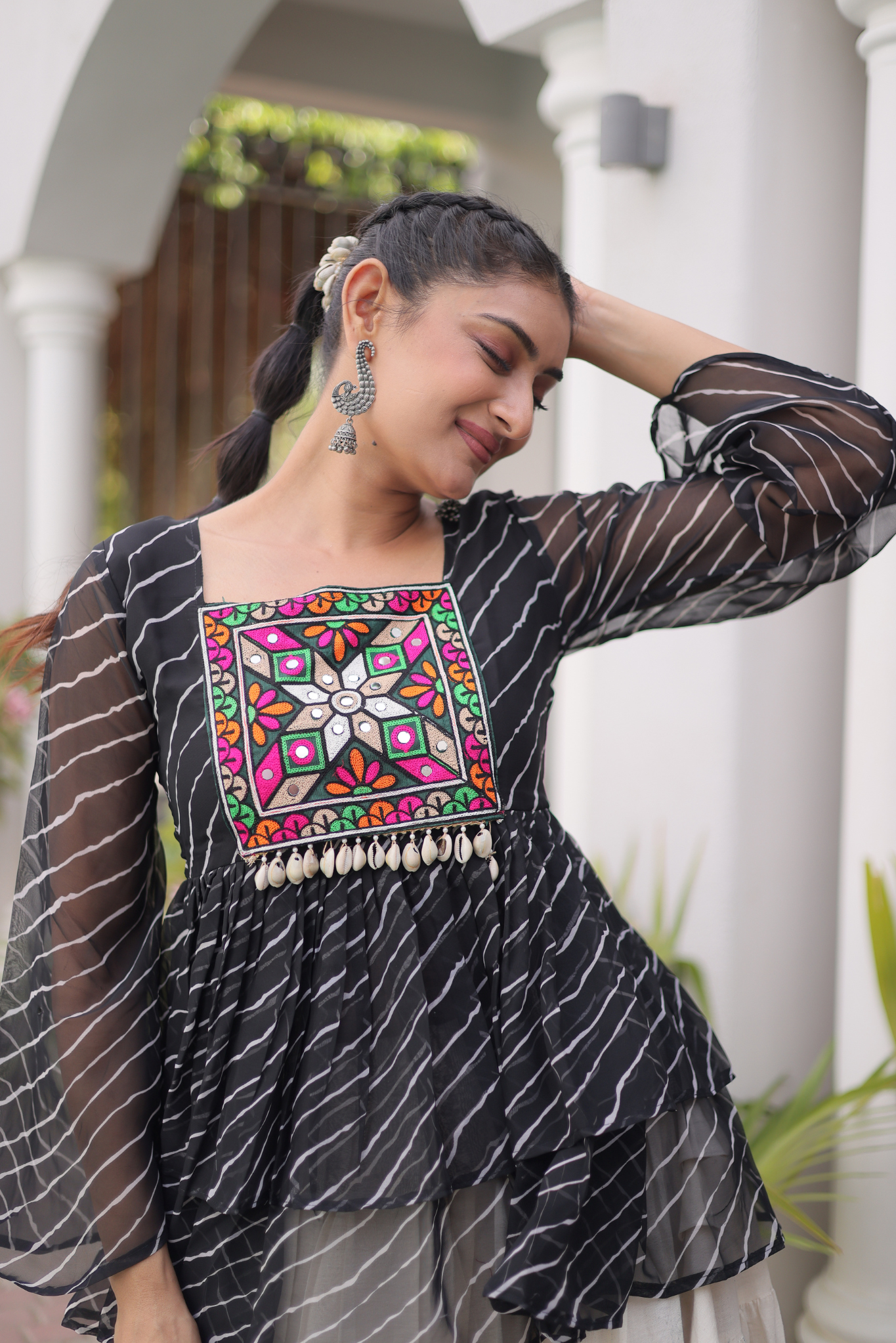 Women's Designer Kutchi Gamthi Peplum Top with Tiered Lehenga Skirt Set