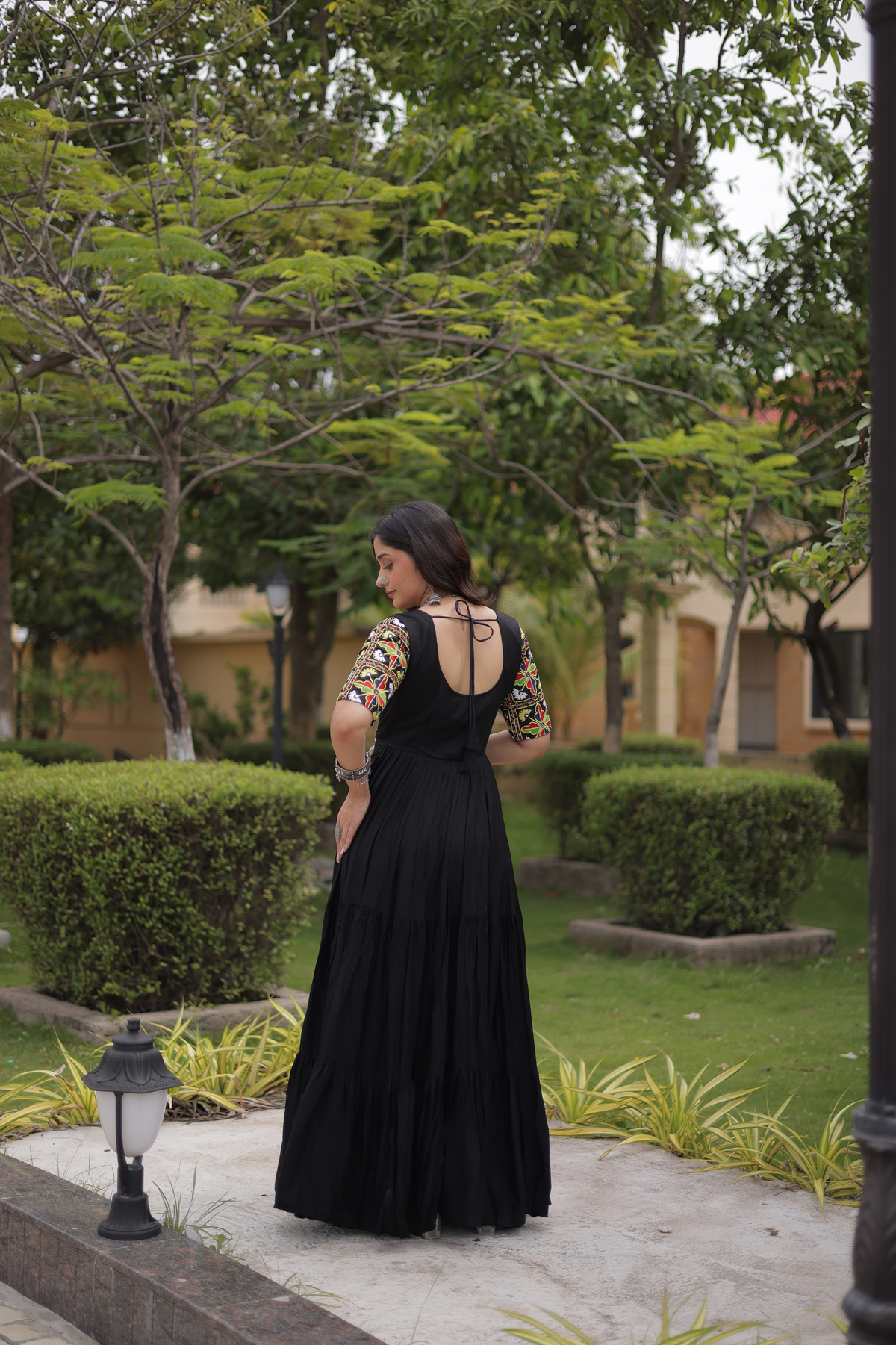 Designer Anarkali Gown with Kutchi Embroidered Yoke & Flared Skirt