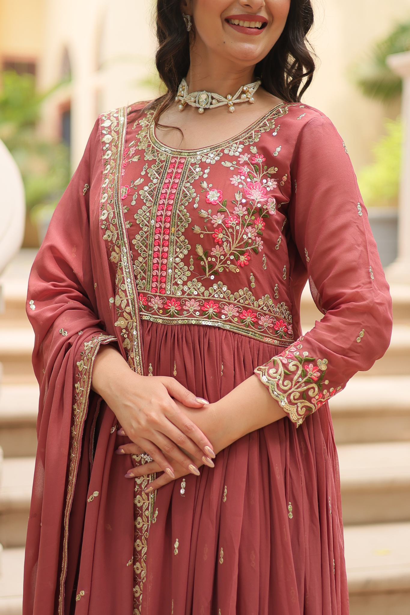 Women's Designer Floral Embroidered Anarkali Gown with Dupatta