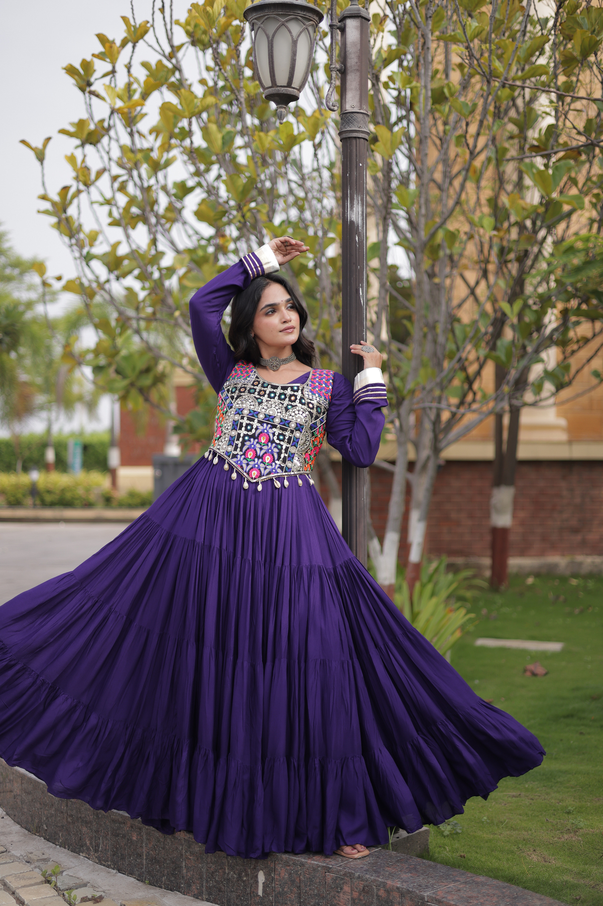 Designer Embroidered Koti Gown with Mirror Work & Flared Skirt