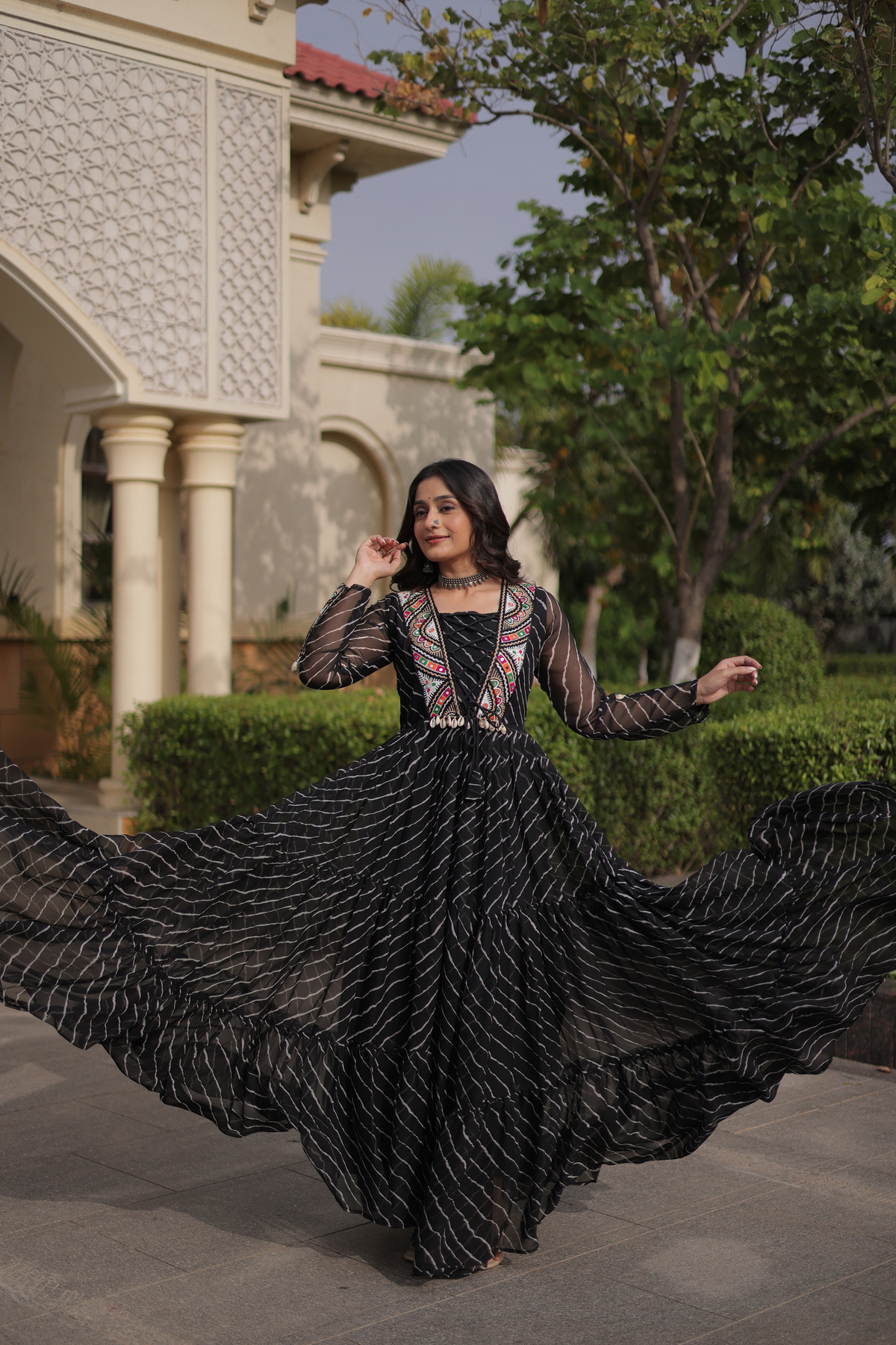 Designer Printed Anarkali Gown with Embroidered Yoke & Flared Skirt