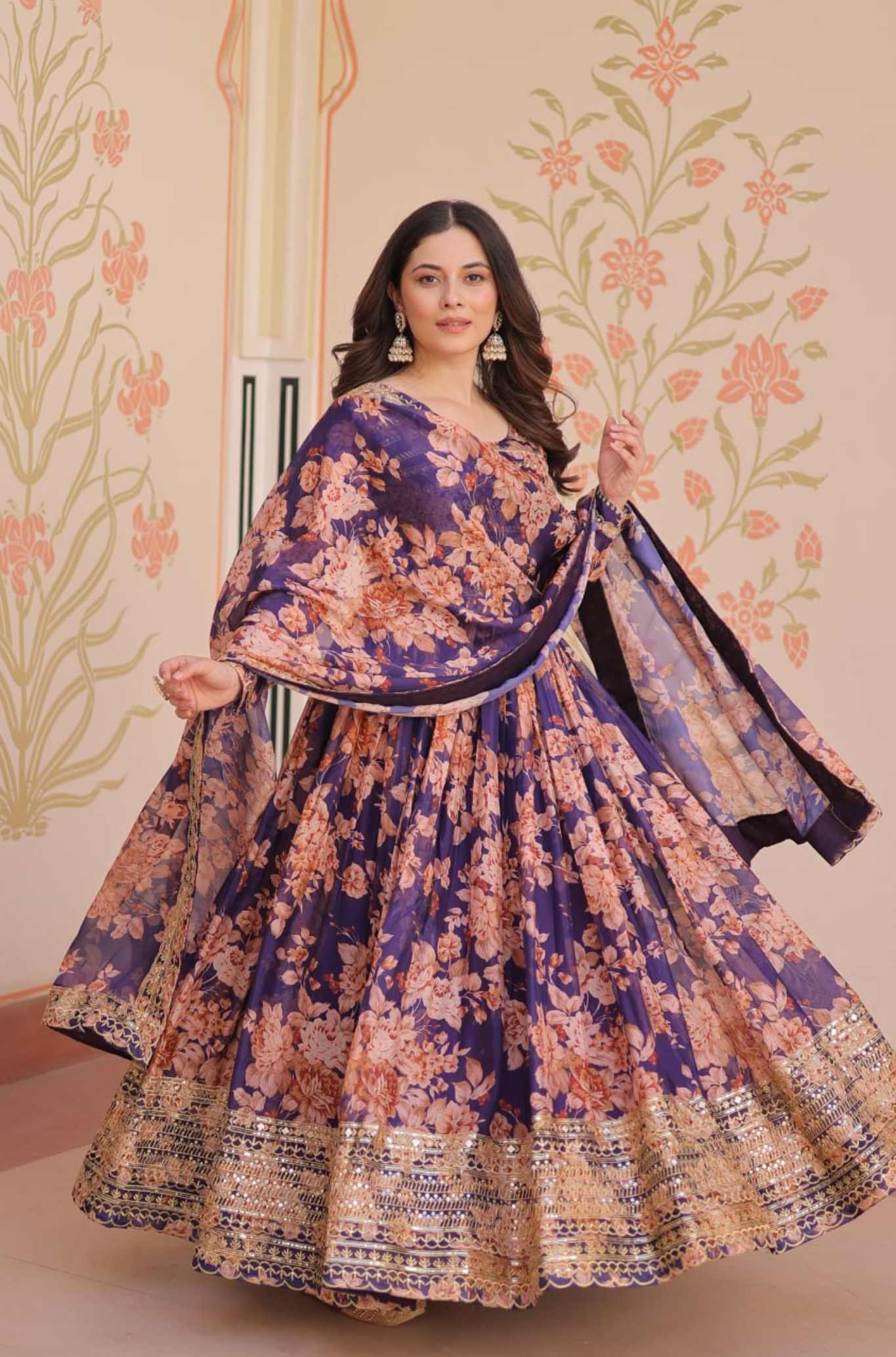 Women's Designer Floral Anarkali Gown Dupatta Set