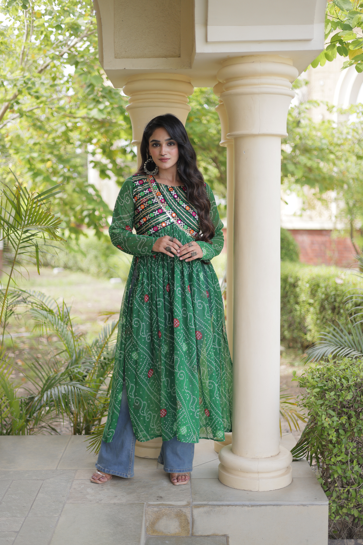 Women’s Long Anarkali Kurti with Ethnic Print & Embroidery